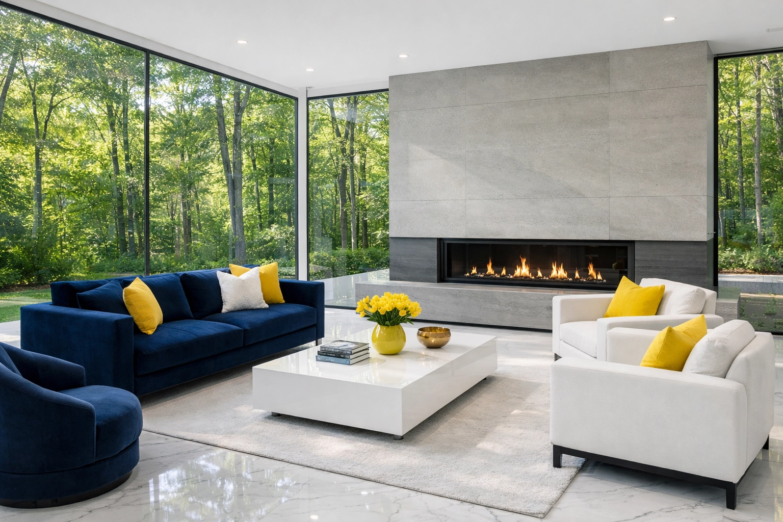 Spotless marble floors in a minimalist living room, a result of luxury cleaning at Dover’s modern estates.