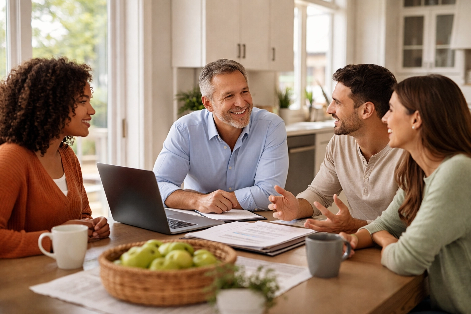 South Jersey real estate agent listening to a young couple discuss their home-selling goals in a bright kitchen