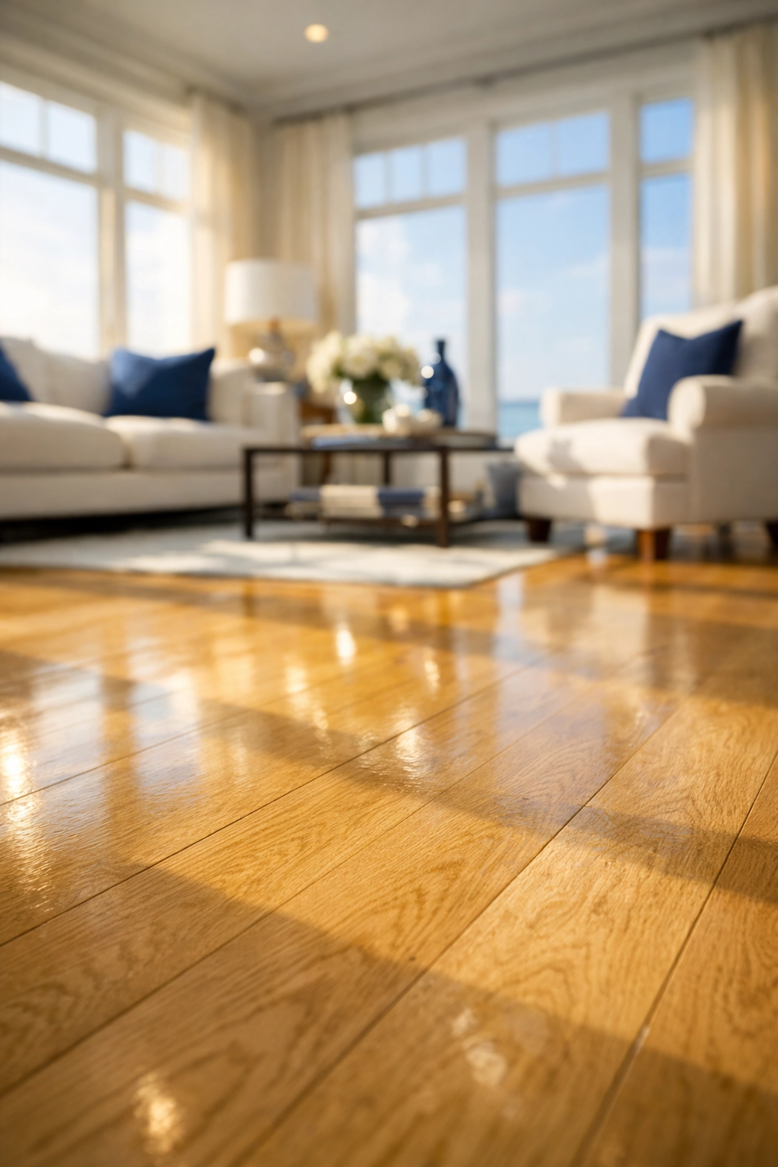 Pristine hardwood floors in a Hingham estate, showcasing expert care to avoid luxury cleaning mistakes.