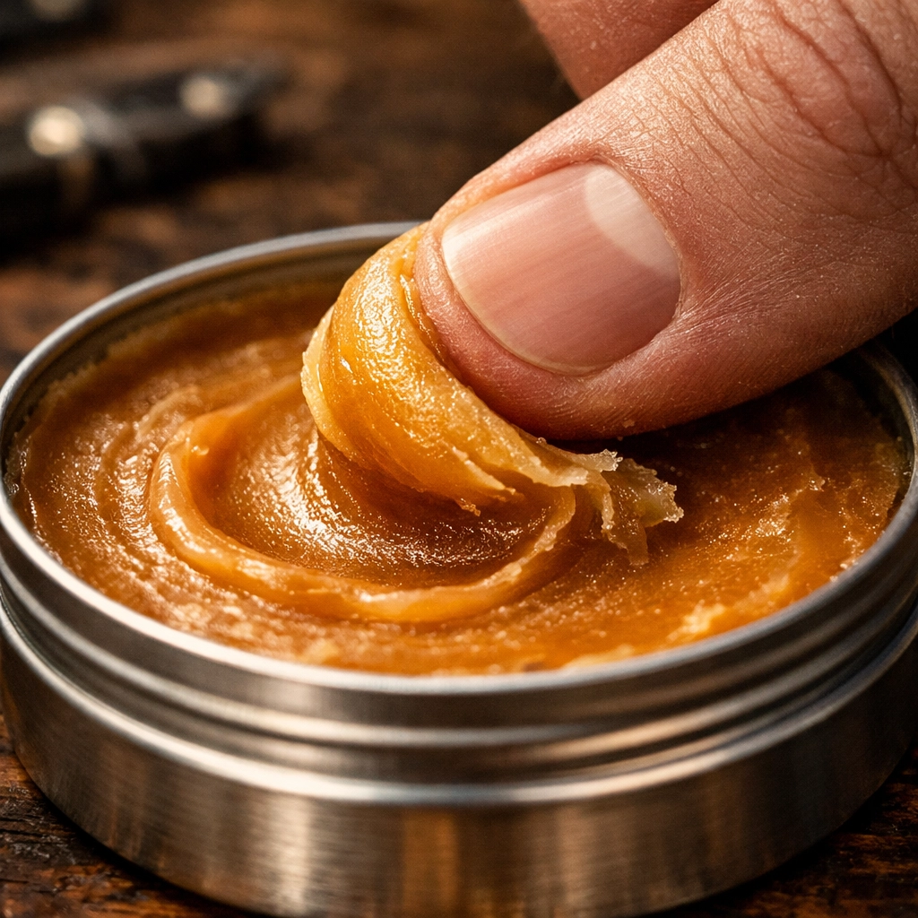 Close-up of a man scraping firm beard wax from a tin for reliable styling and hold.