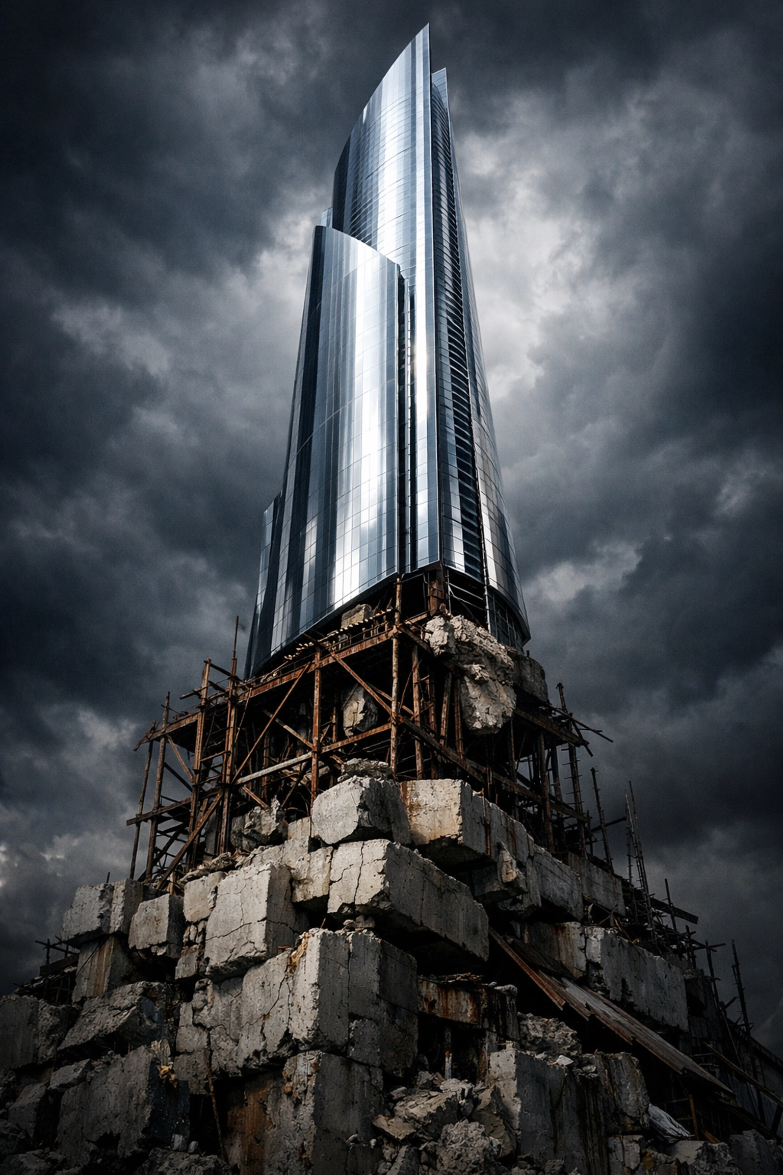 Modern building on a crumbling foundation illustrating the risks of technical debt in SaaS growth.