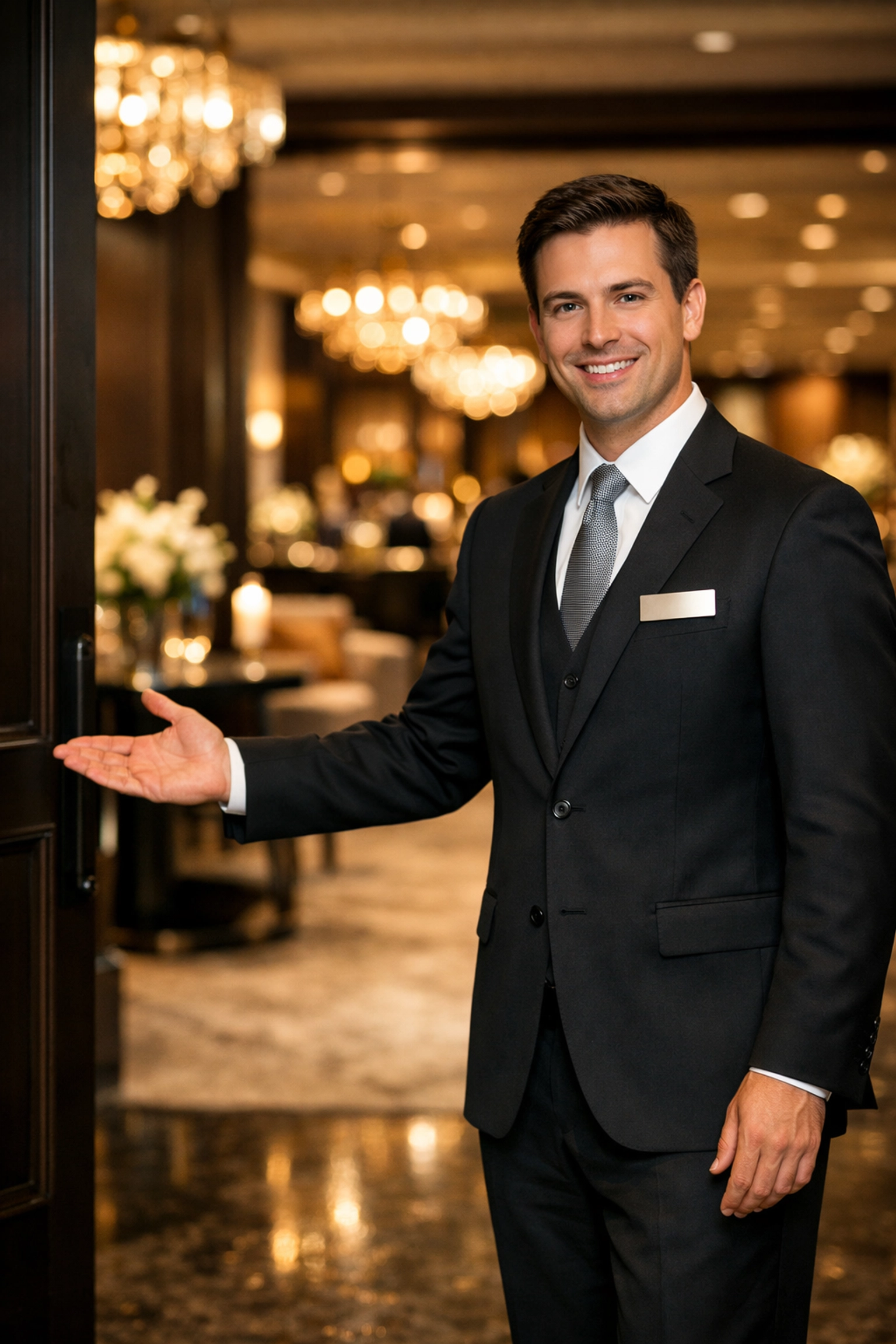 Professional corporate brand ambassador providing VIP concierge services at an elite executive event.