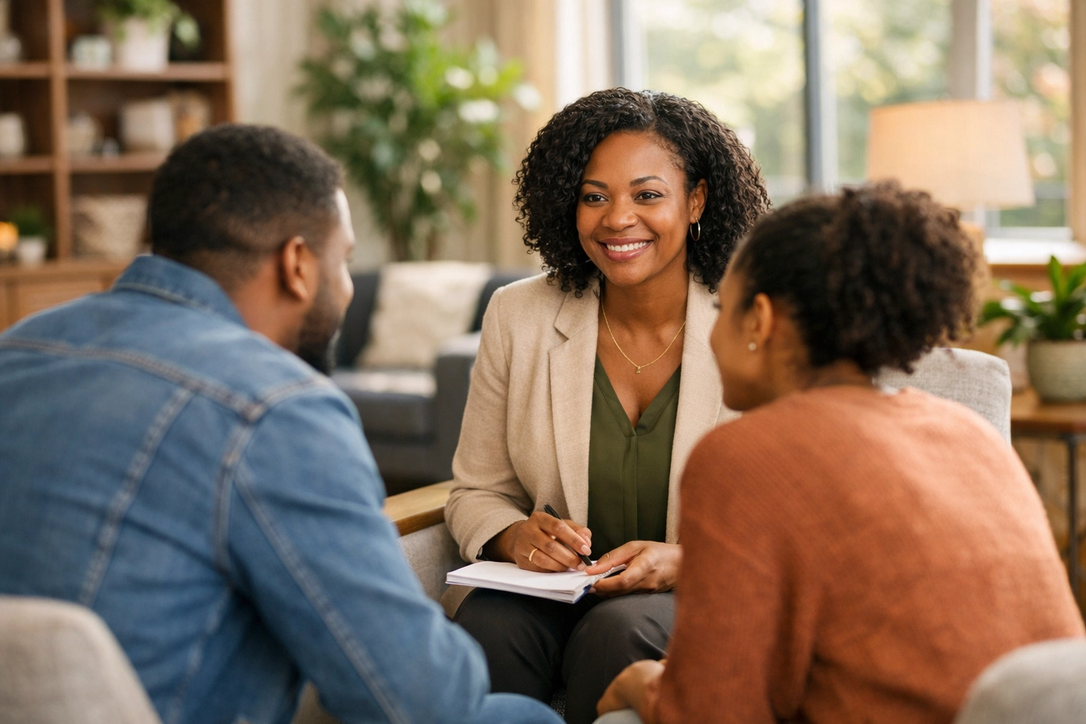 A Black female crisis counselor providing emotional support to a young family in a NJ community center.