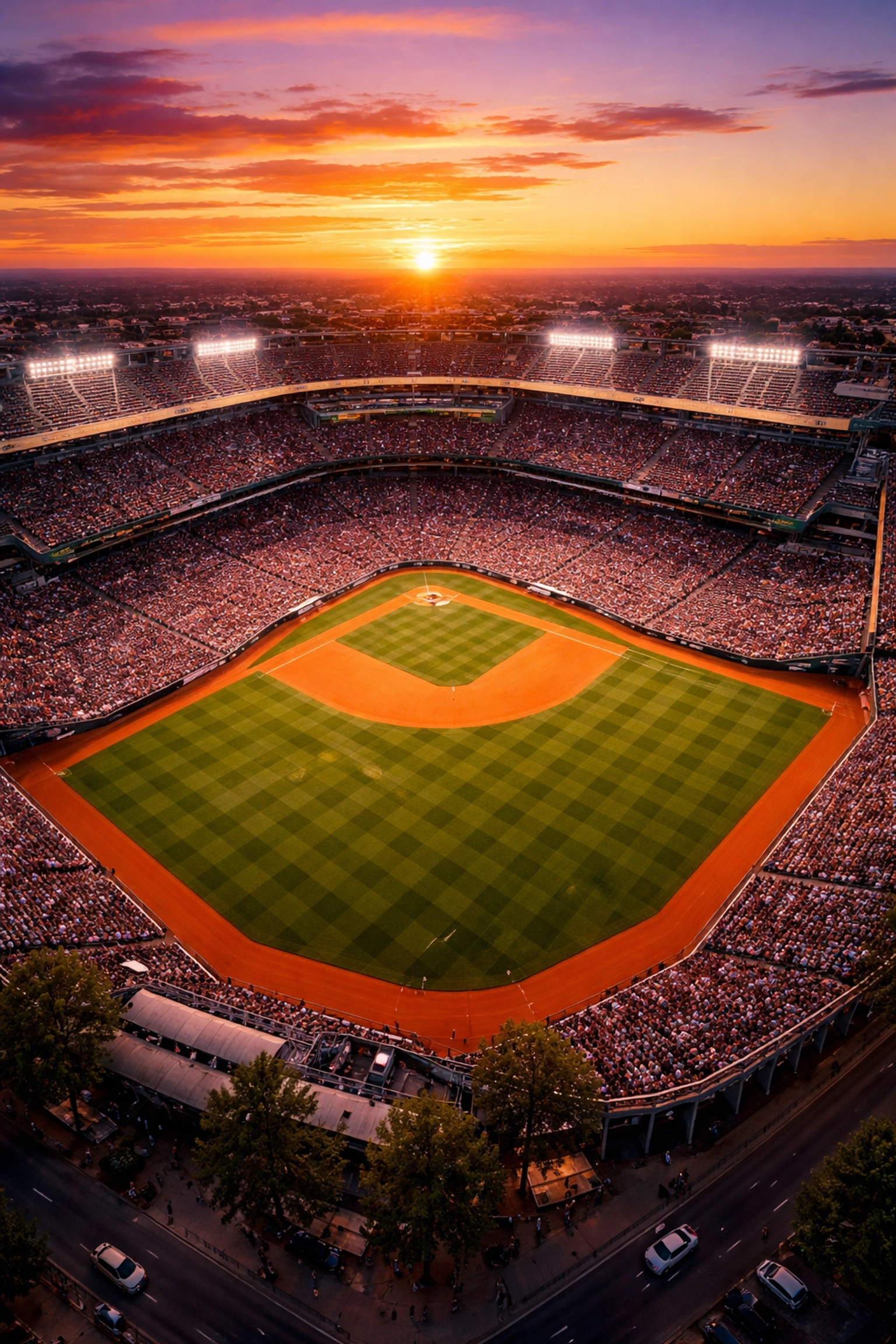 Aerial view of baseball stadium at sunset illustrating Dakdan’s global sports marketing impact