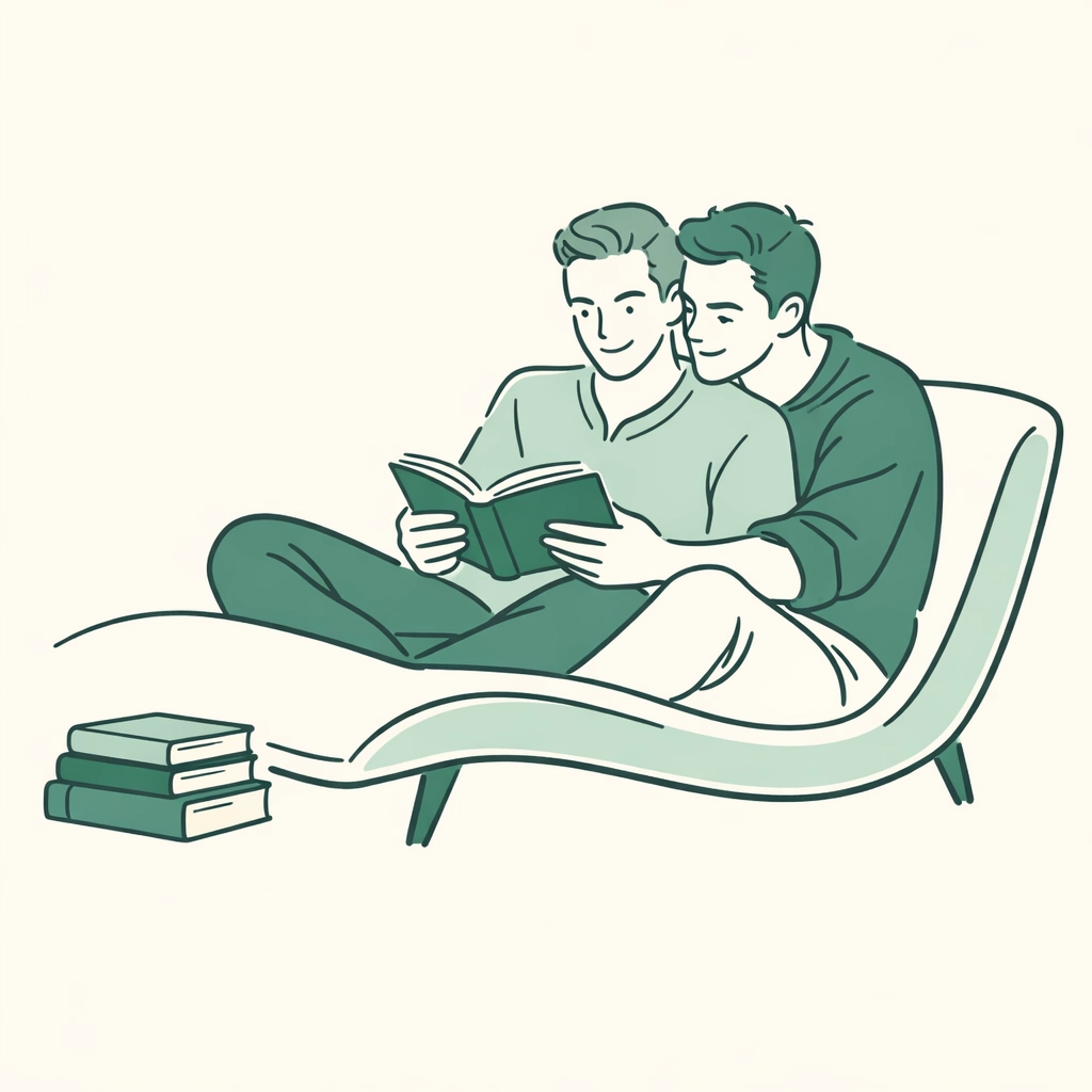 Illustration of a gay couple reading together, celebrating connection in MM romance and queer literature.