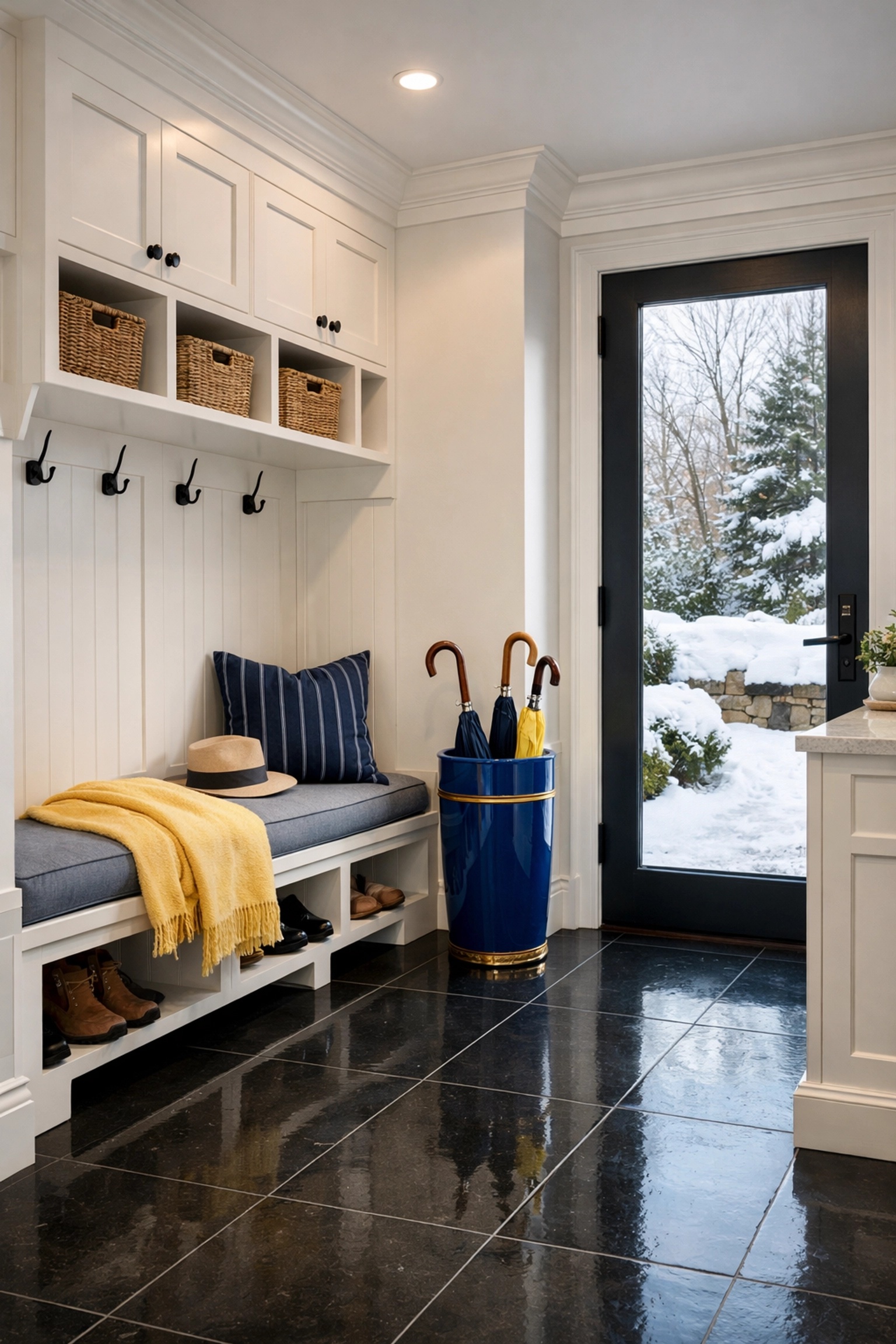 Expertly cleaned mudroom with polished slate floors, perfect for residential cleaning Massachusetts.