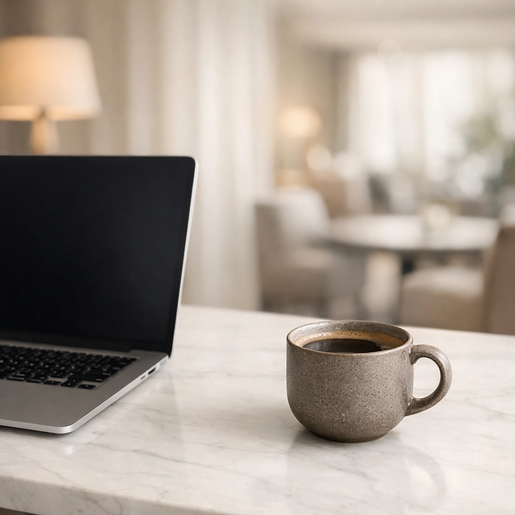 Modern hotel office desk with a laptop showing cloud-native PMS data and revenue management dashboards.