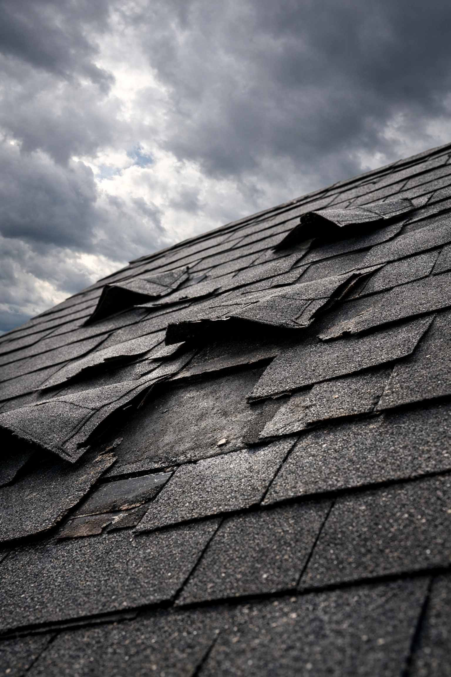 Wind-damaged roof with missing shingles on Cape Cod home after storm