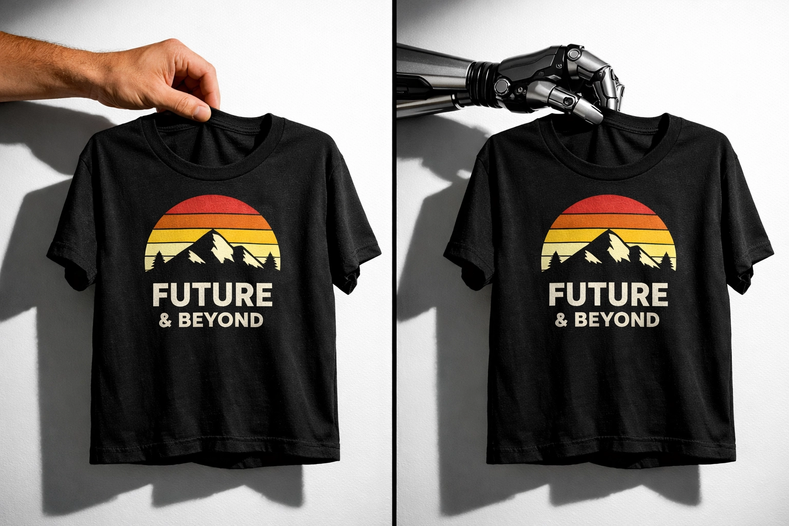 Human hand and robotic arm holding custom-printed t-shirts showing AI versus human touch in business