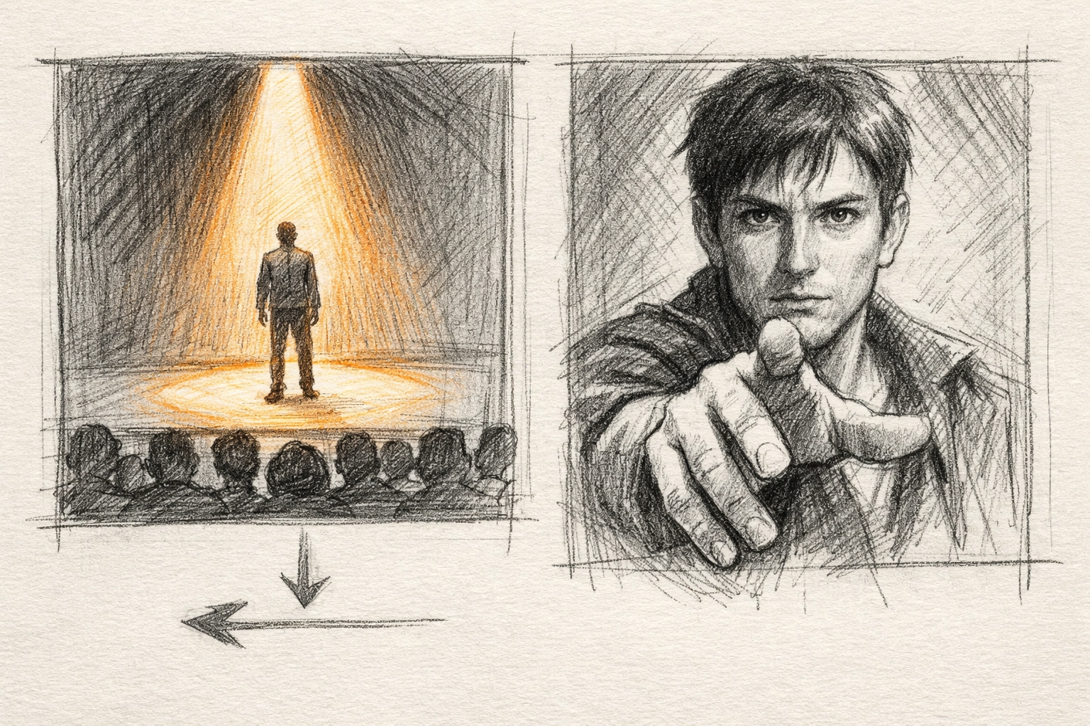 Sketch of an actor breaking the fourth wall to address the audience directly from a spotlit stage