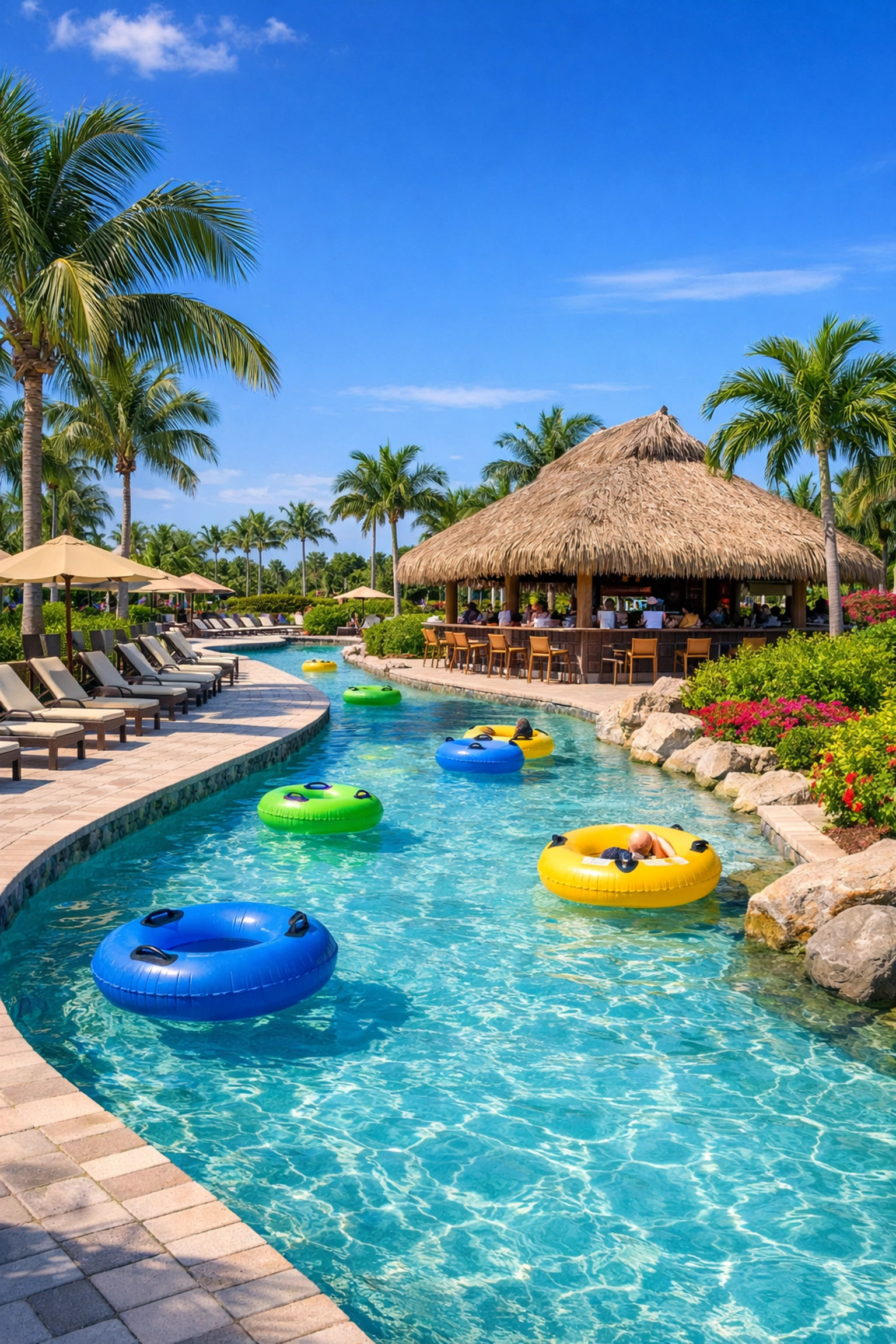 Resort-style lazy river pool with tiki bar at SWFL bundled golf community