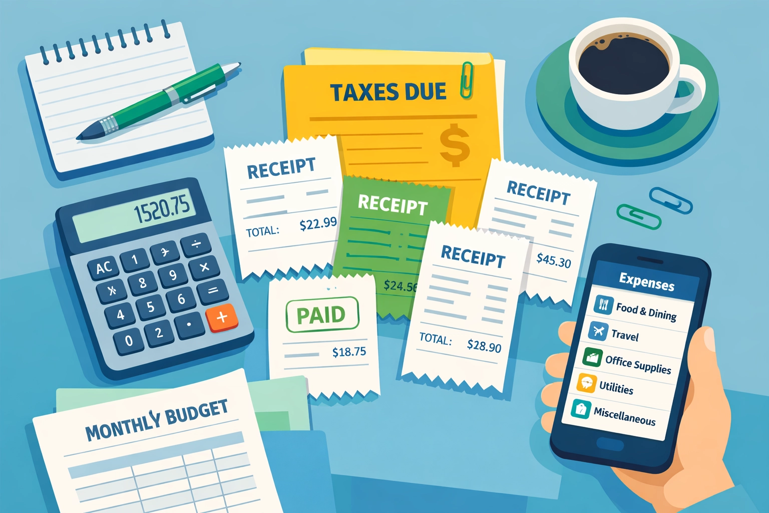 Small business owner organizing receipts and tracking tax deductions for maximum refund