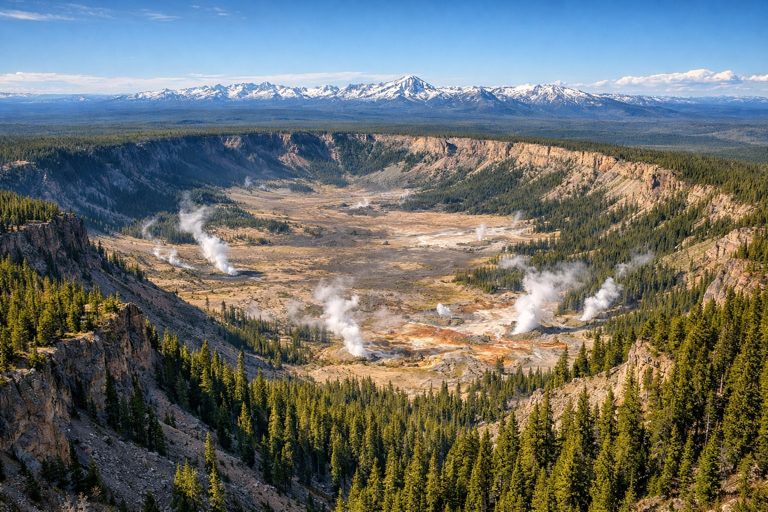 Aerial view showing the massive Yellowstone caldera rim and active geothermal steam vents.