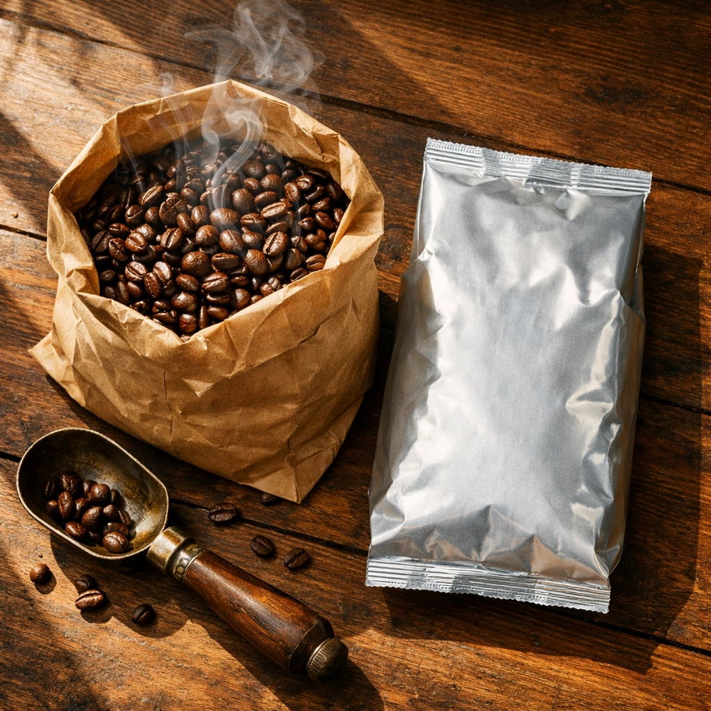 Fresh whole coffee beans releasing aroma compared to sealed supermarket coffee bag
