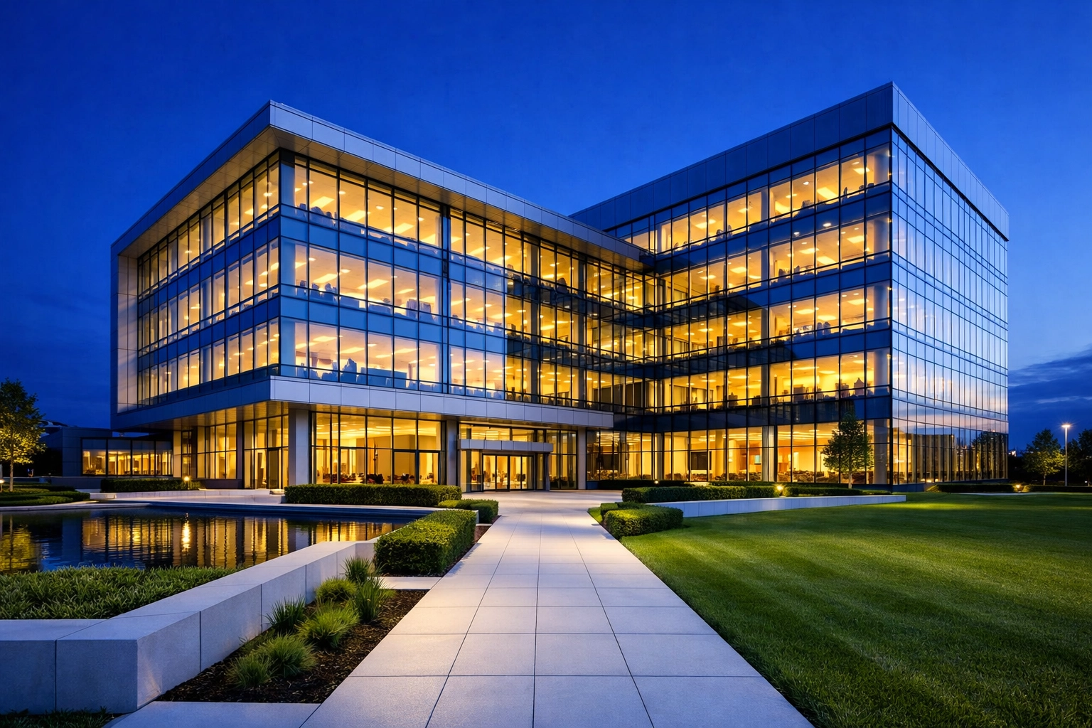 Modern corporate office building in Westwood, MA, showcasing a professional business environment.