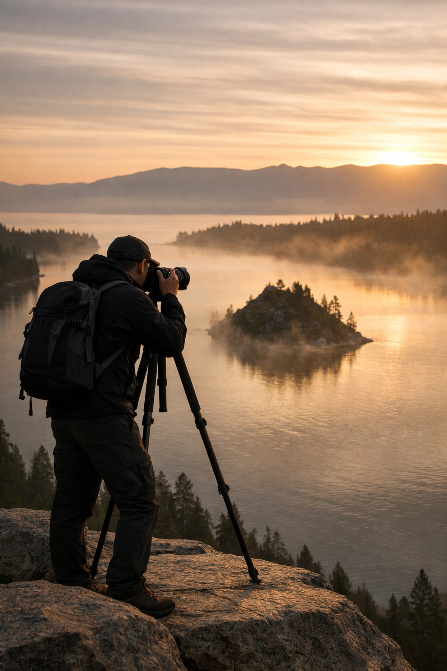 Photographer at sunrise overlooking Emerald Bay and Fannette Island, one of the best photo spots Lake Tahoe offers.