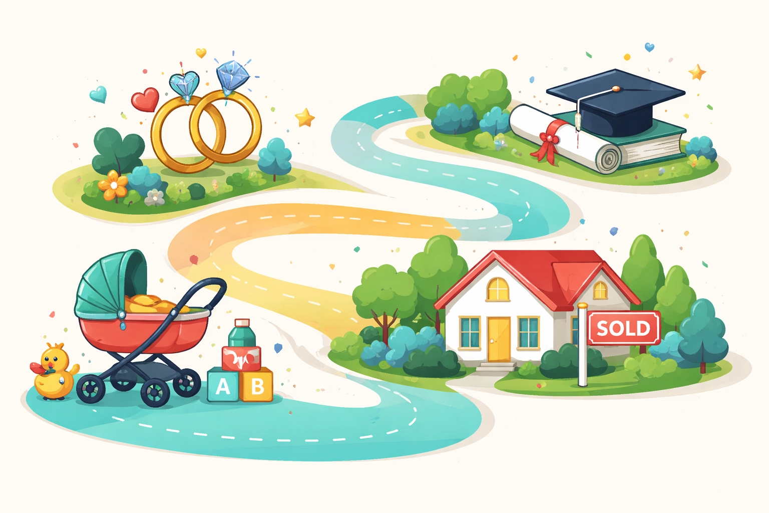 Timeline illustration of life events like marriage, home purchase, and graduation affecting tax planning