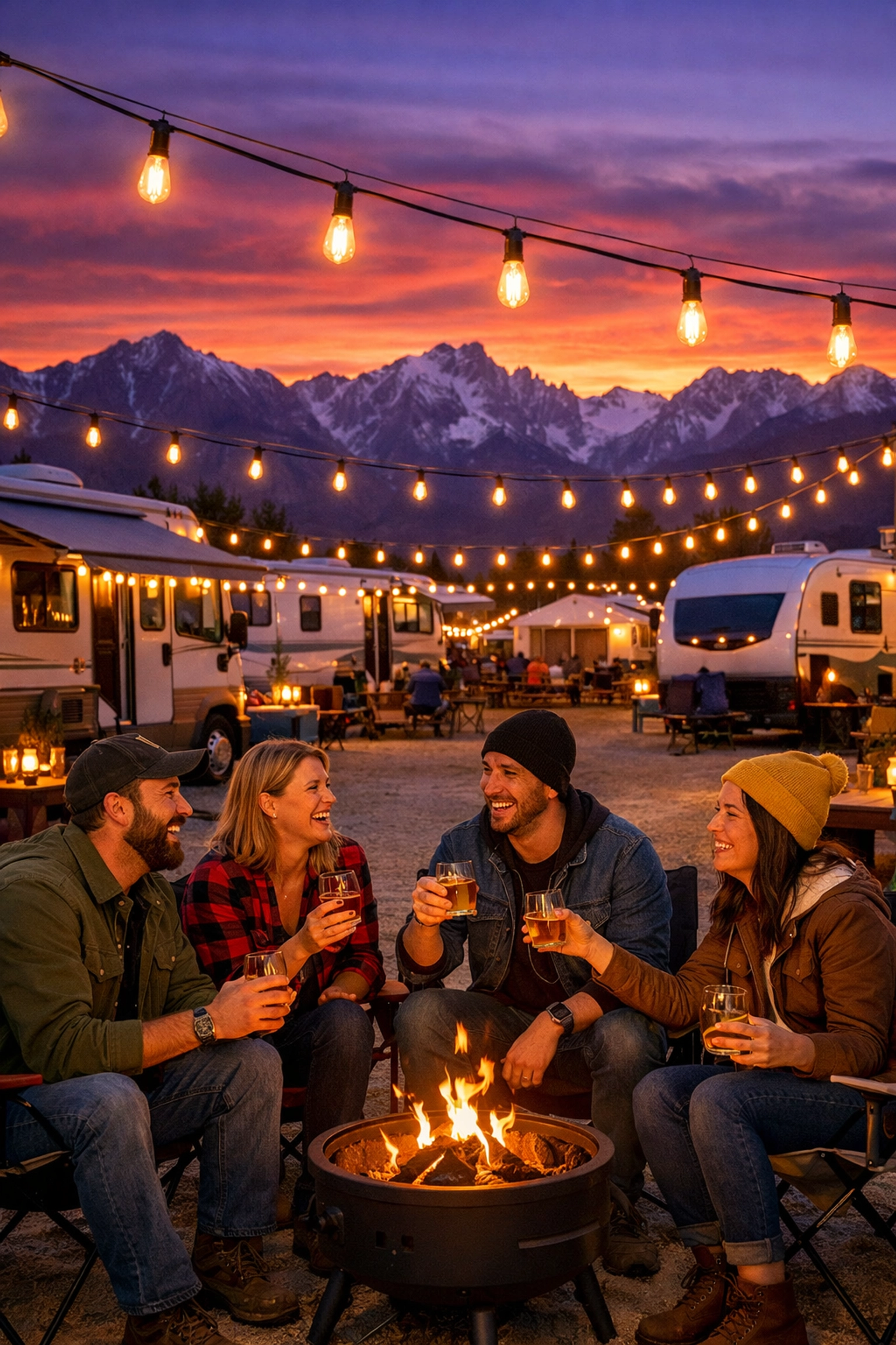 Friends enjoying whiskey by a fire pit at the Team Whiskey Bonanza RV camping village.
