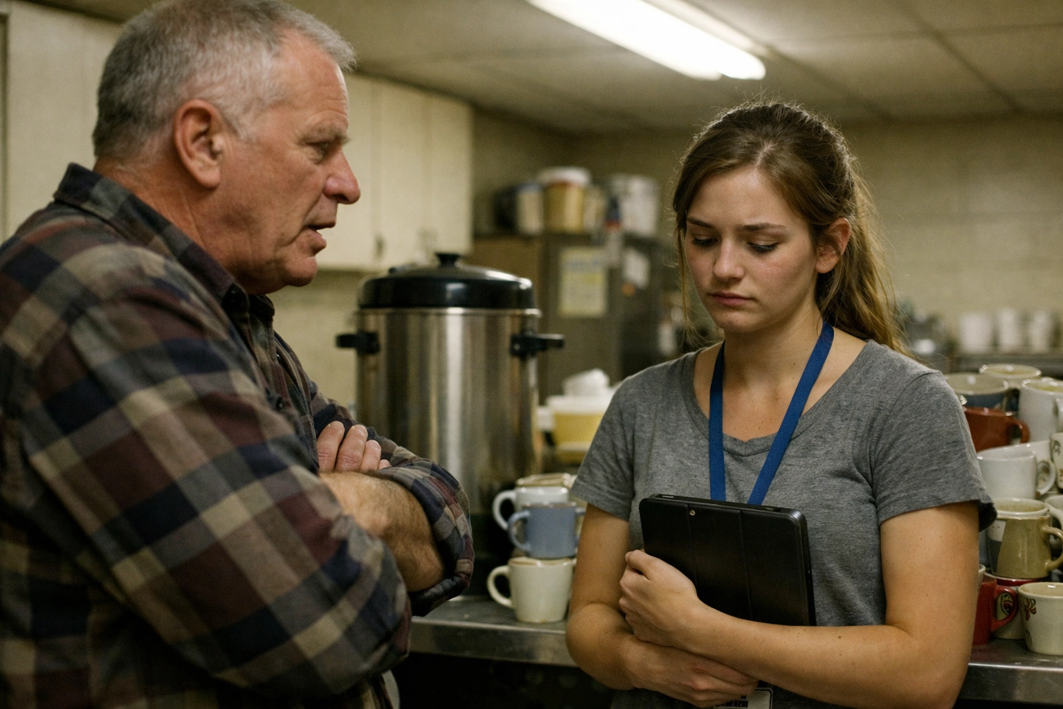 A young volunteer feeling silenced by a defensive board member, highlighting fair governance issues.