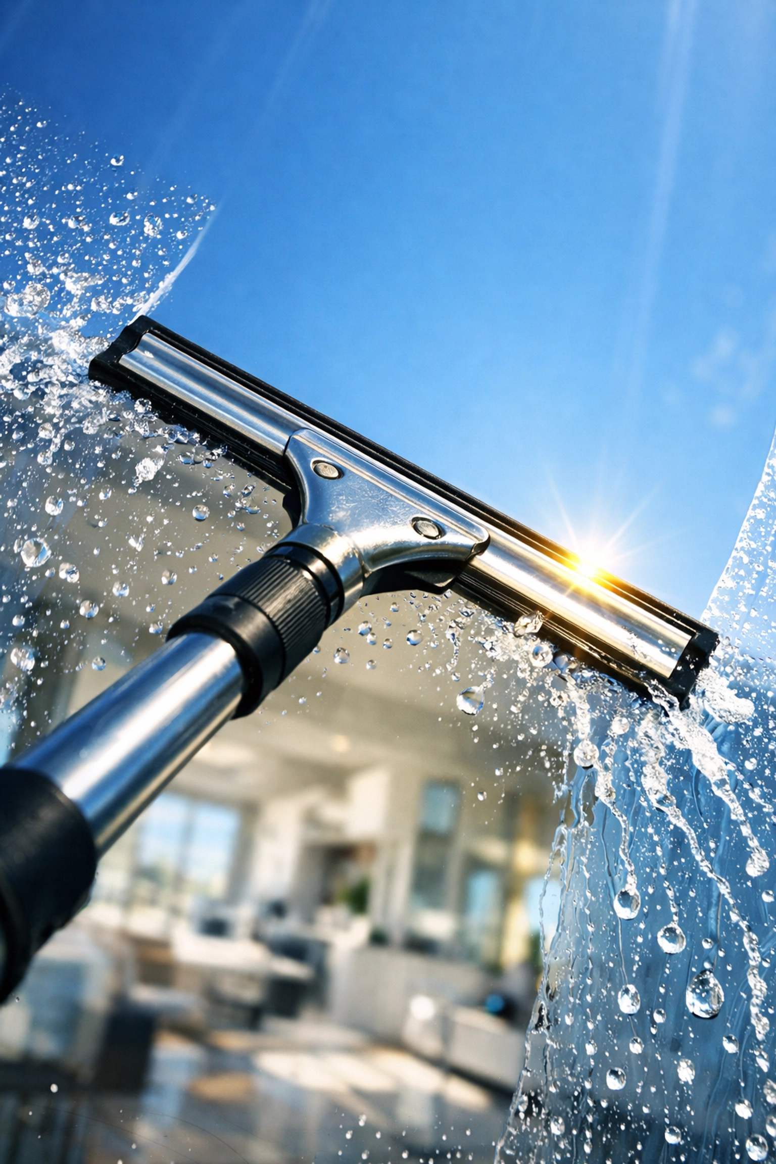 A professional squeegee cleaning high-altitude windows safely for a streak-free finish.