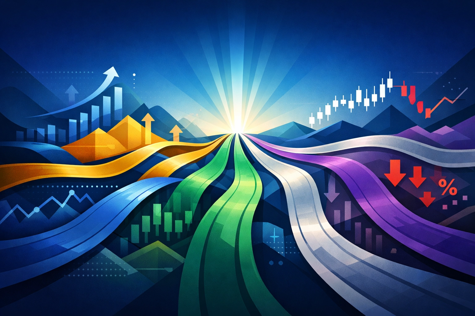 Multiple investment pathways illustrating uncorrelated returns in diversified portfolio strategy