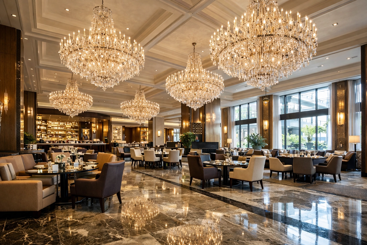 Large sparkling chandeliers in a luxury commercial lobby reflecting the scale of professional cleaning services.