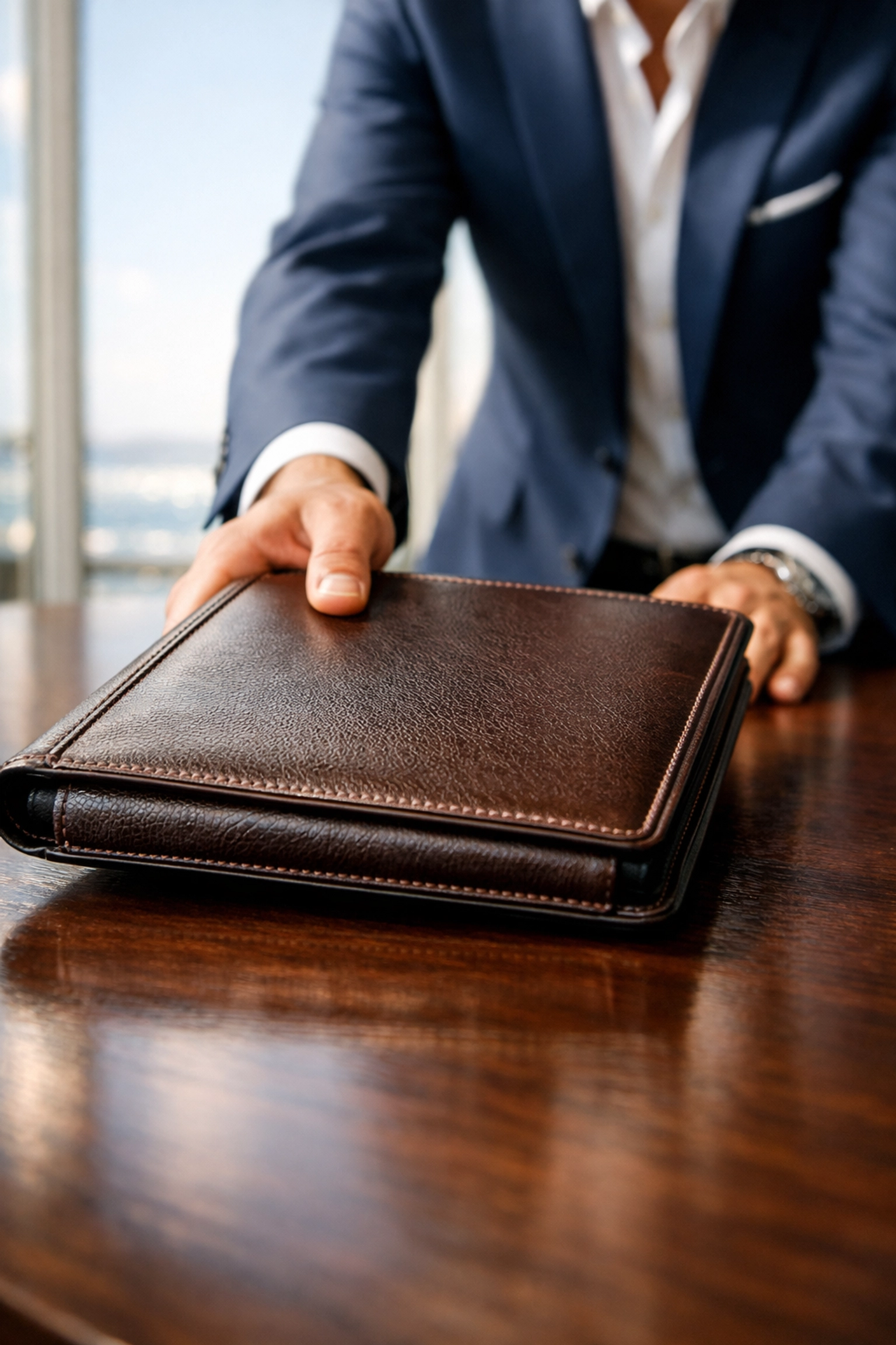 Handover of professional valuation documents at a Florida business brokerage closing table.