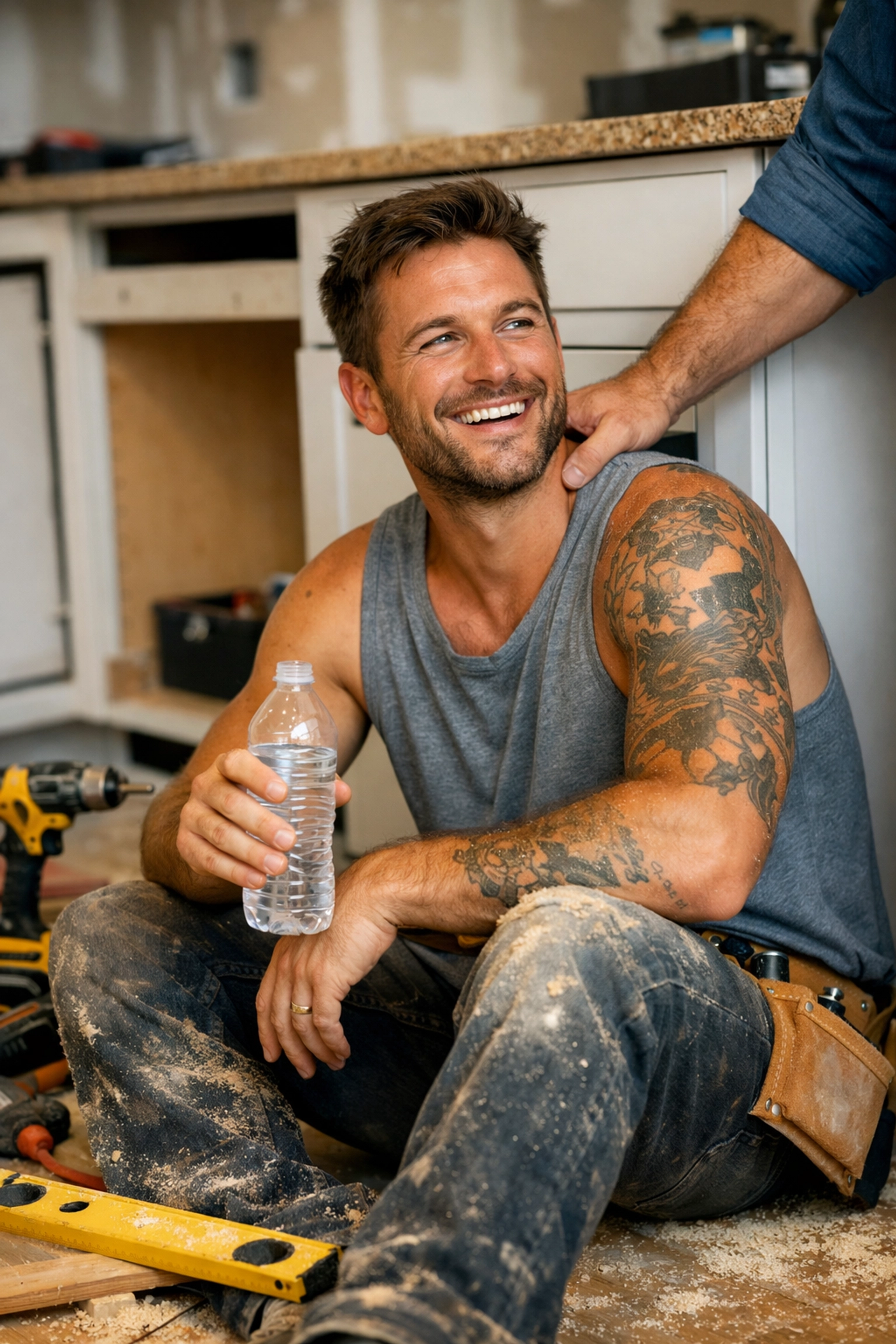 A tattooed handyman smiling in a kitchen under construction, a moment of authentic queer joy and romance.