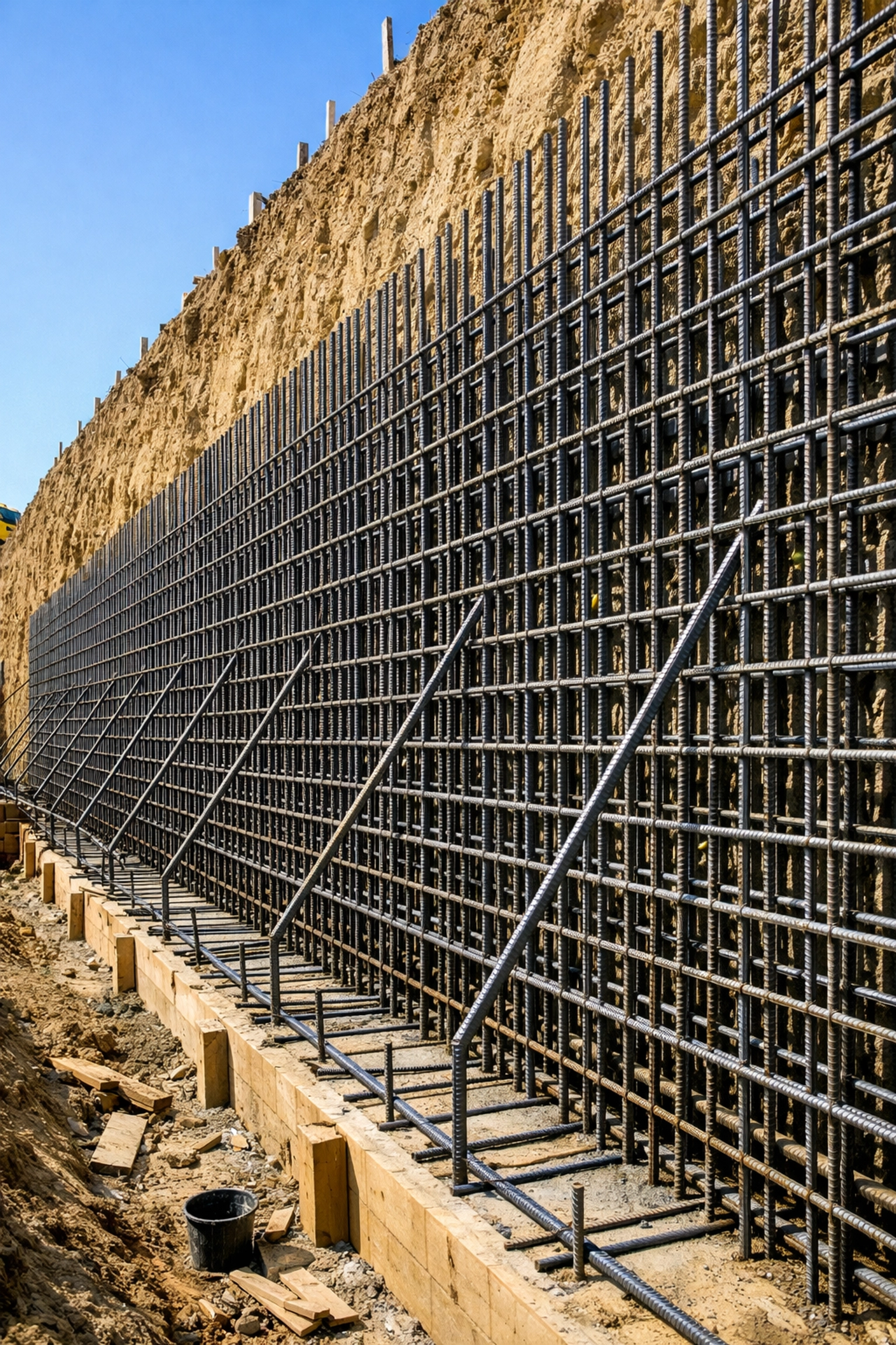 Steel rebar reinforcement grid installed for a large-scale concrete retaining wall construction project.