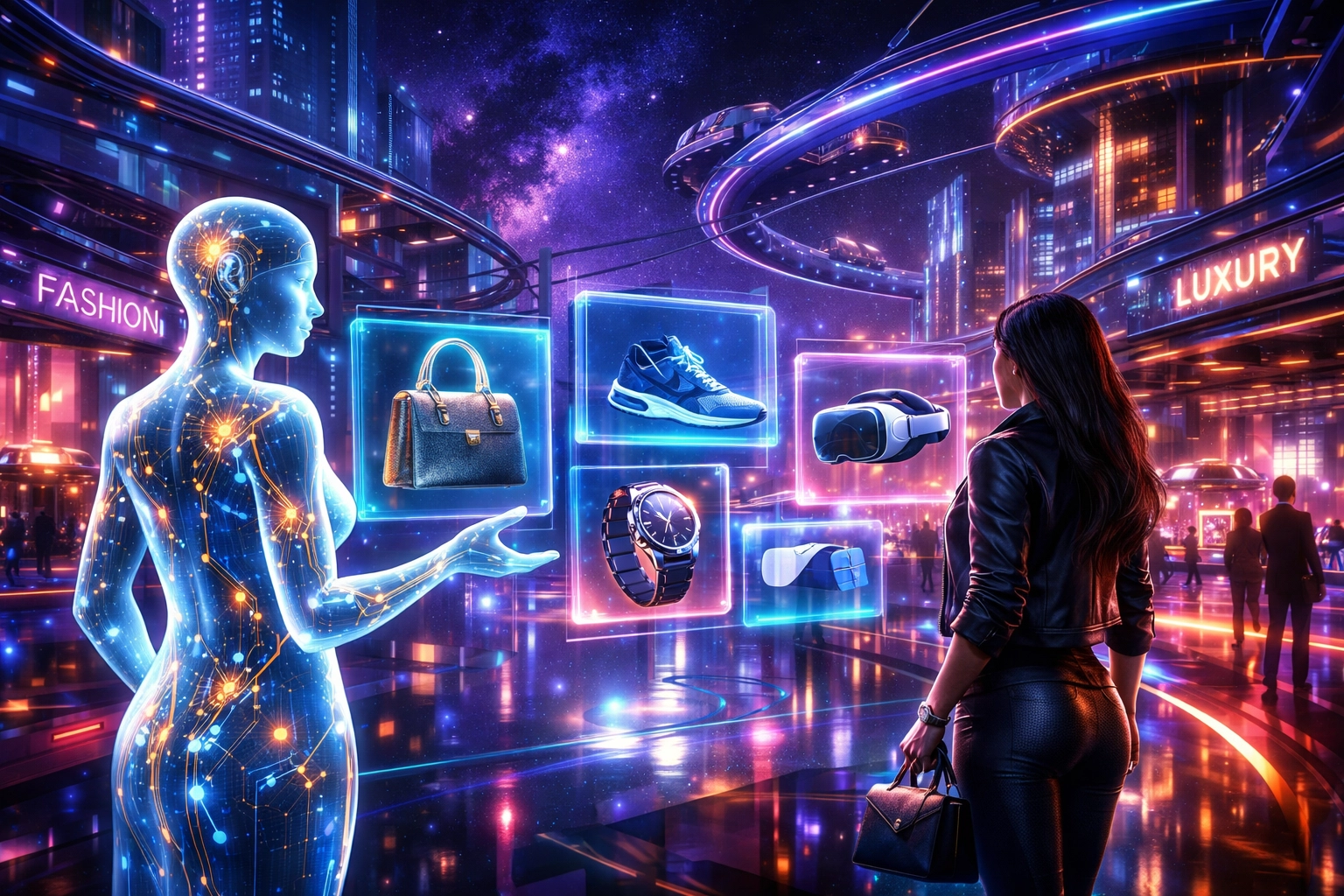 AI holographic assistant guiding a shopper in a futuristic metaverse retail plaza for crypto payments.