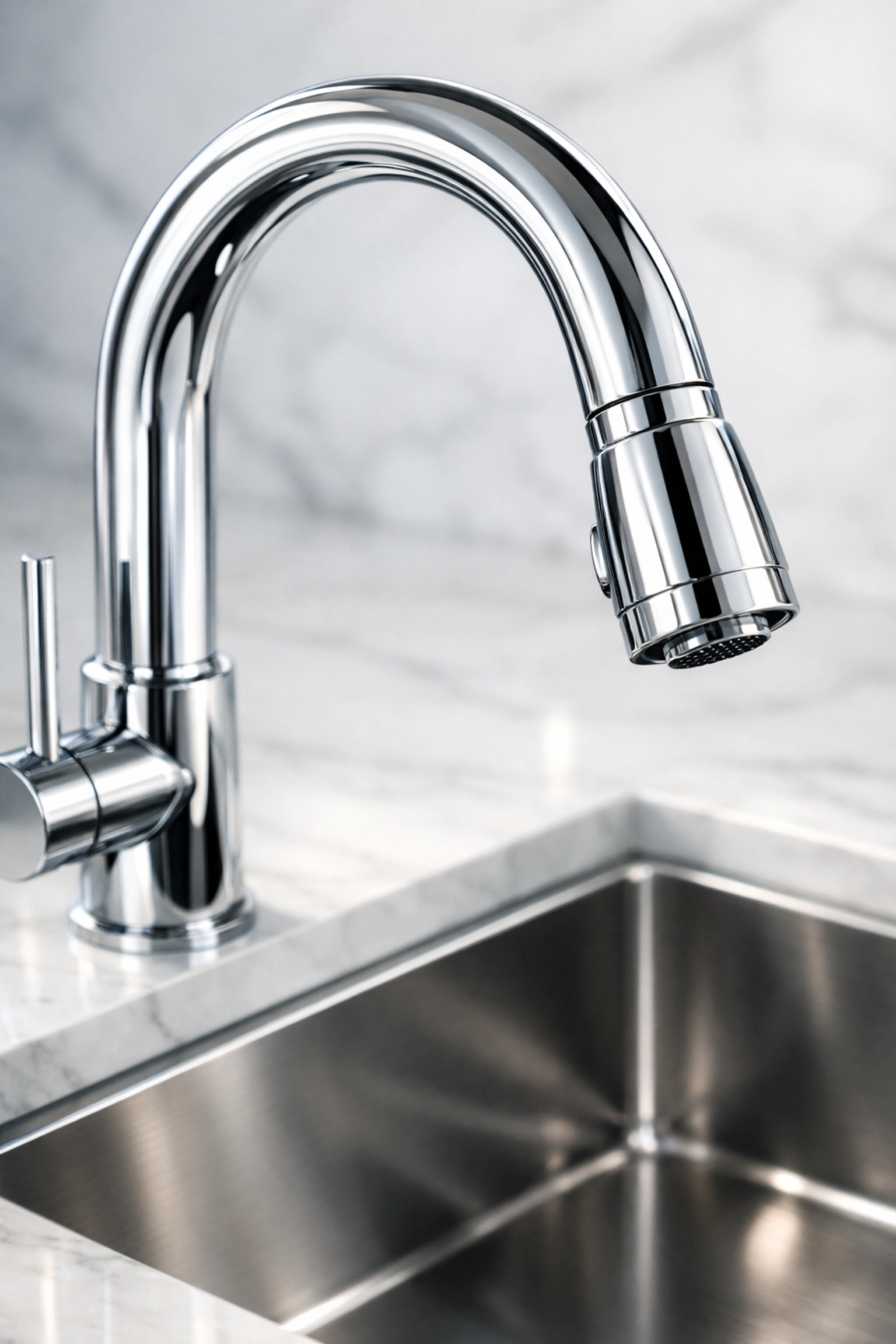 Spotless stainless steel kitchen faucet and sink in a high-end apartment after move-in cleaning.