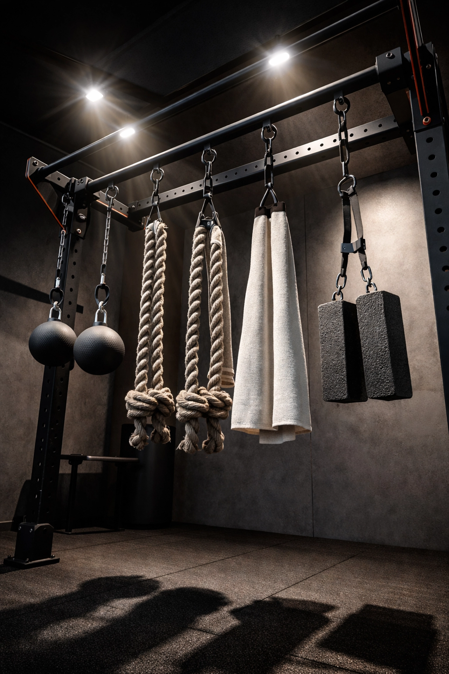 Ninja warrior grip training station with cannonball grips, rope, and pinch blocks on pull-up bar system