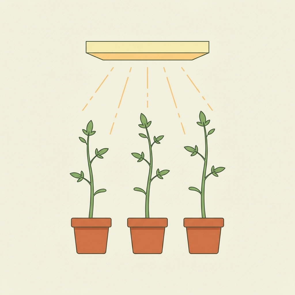 Flat illustration of leggy tomato seedlings stretching toward a grow light, demonstrating lack of light in young tomato plants.