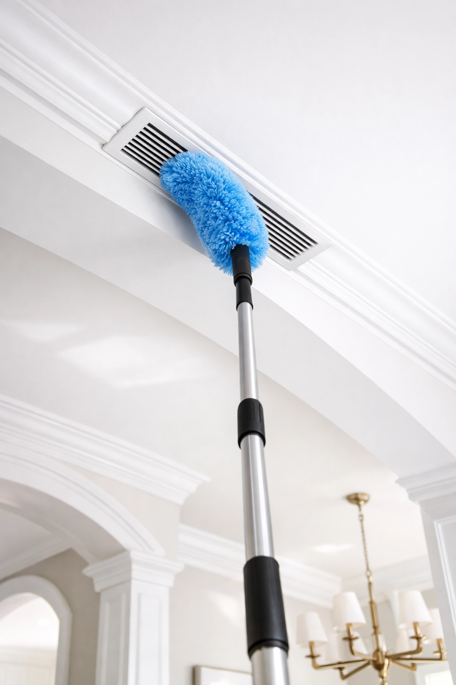 Cleaning high ceiling vents with an extendable duster to prevent dust from falling.