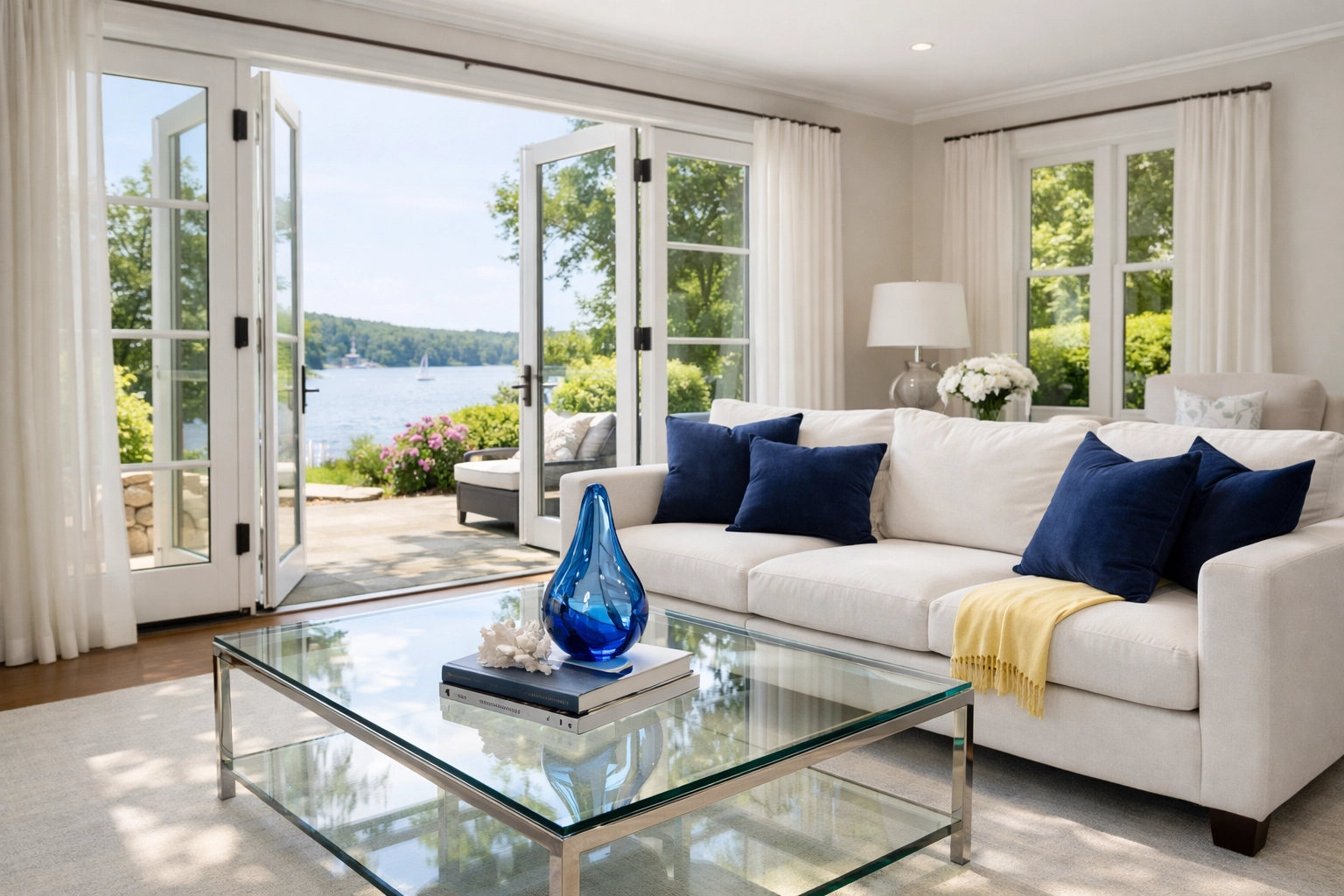 Dust-free lakeside living room near Worcester prepared for guests with professional house cleaning.