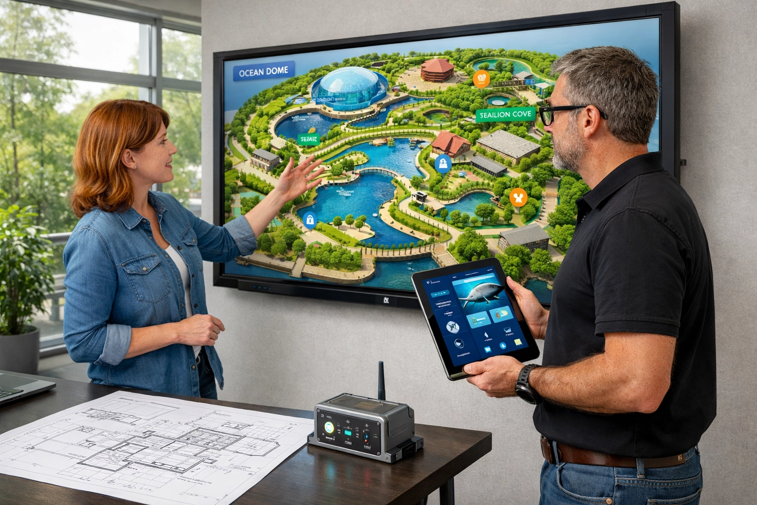 Designers and engineers collaborating on interactive smart venue maps and IoT sensor integration.