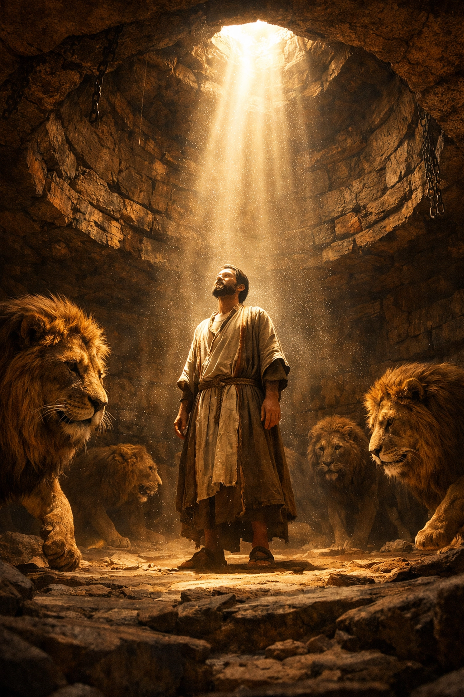 Biblical art of Daniel in the Lion’s Den depicting divine protection and faith in a stone pit.
