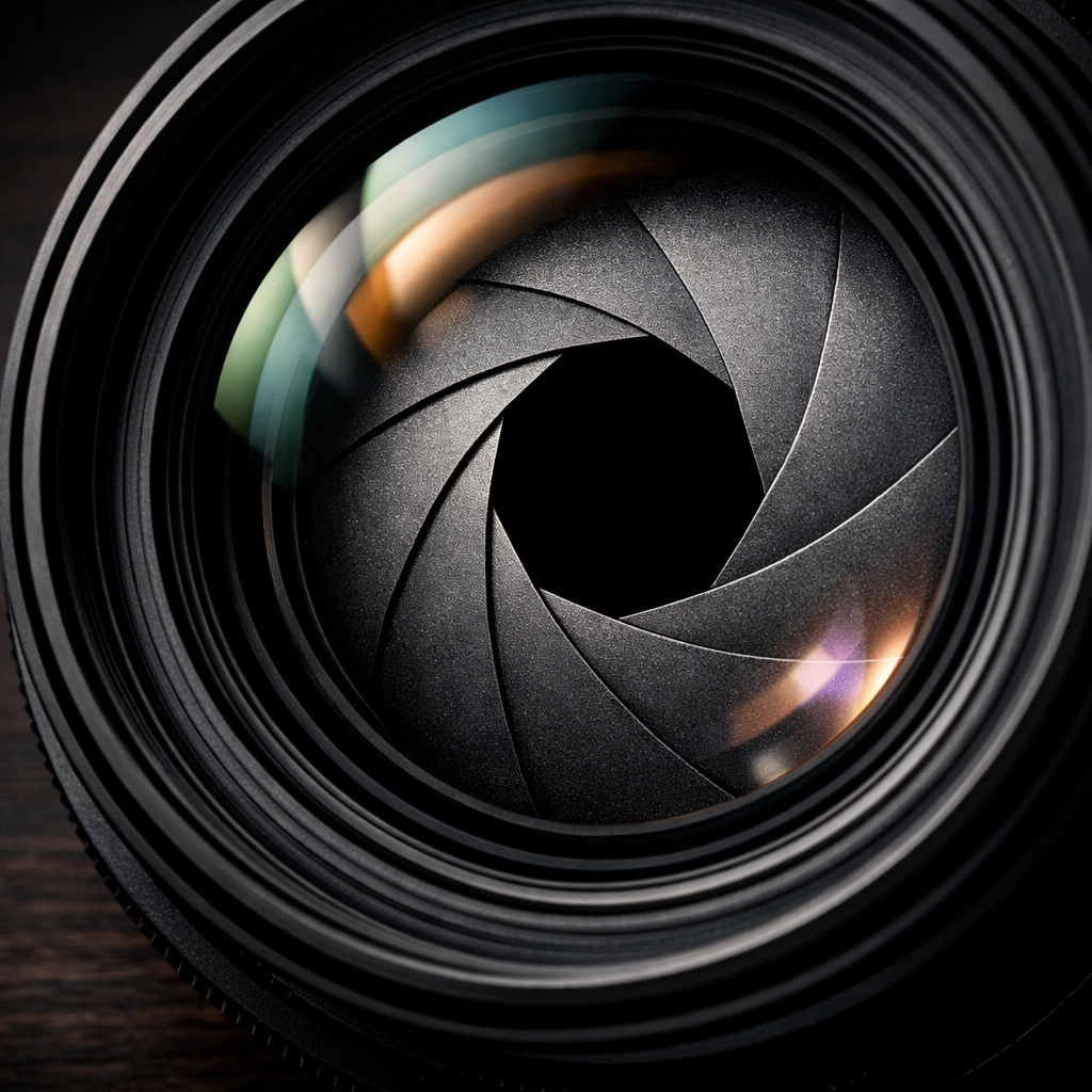 Close-up of camera lens aperture blades showing how manual mode settings control exposure.