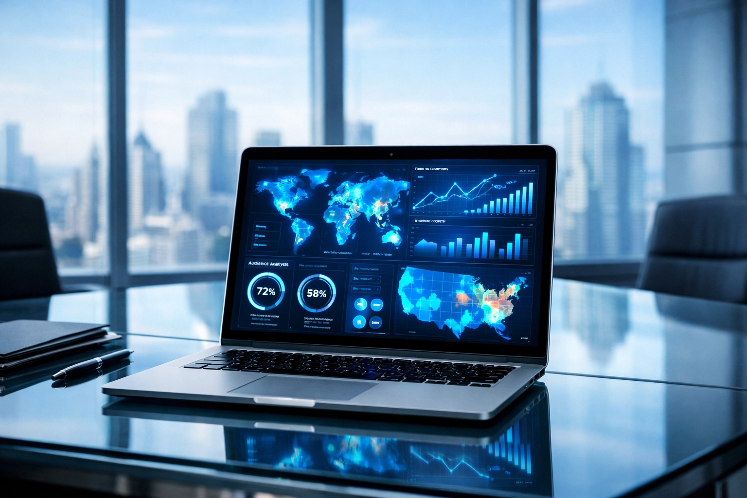 Boardroom laptop displaying a marketing data dashboard for personalized Super Bowl brand strategy.