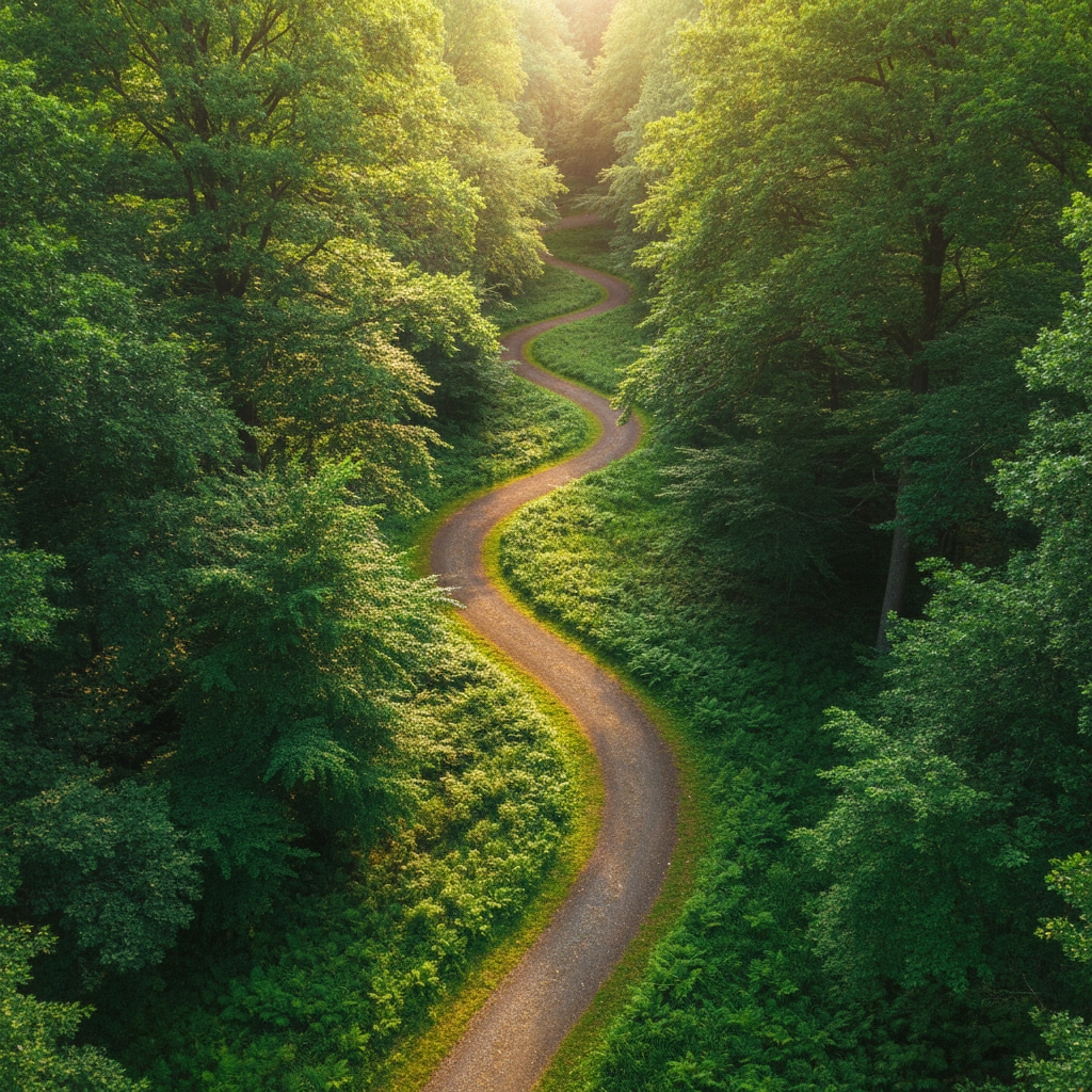 A winding path cuts through a lush, sunlit forest with vibrant green trees. Sunlight filters through, creating a serene, peaceful mood.