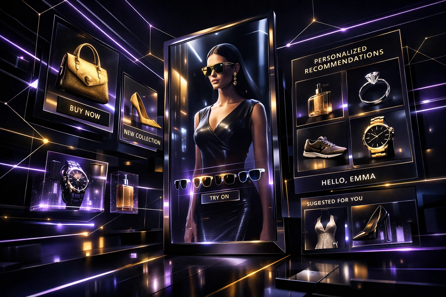 Advanced luxury ecommerce technology with holographic displays and custom development features