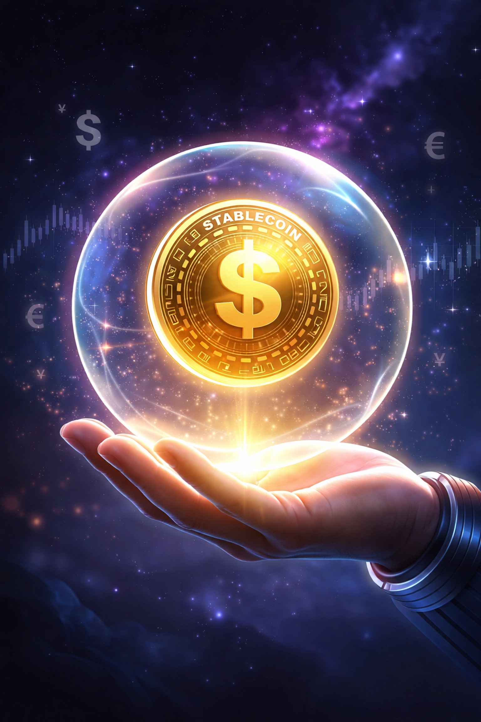 A golden stablecoin floats above a hand, illustrating Larecoin's secure LUSD stablecoin payments and price stability.