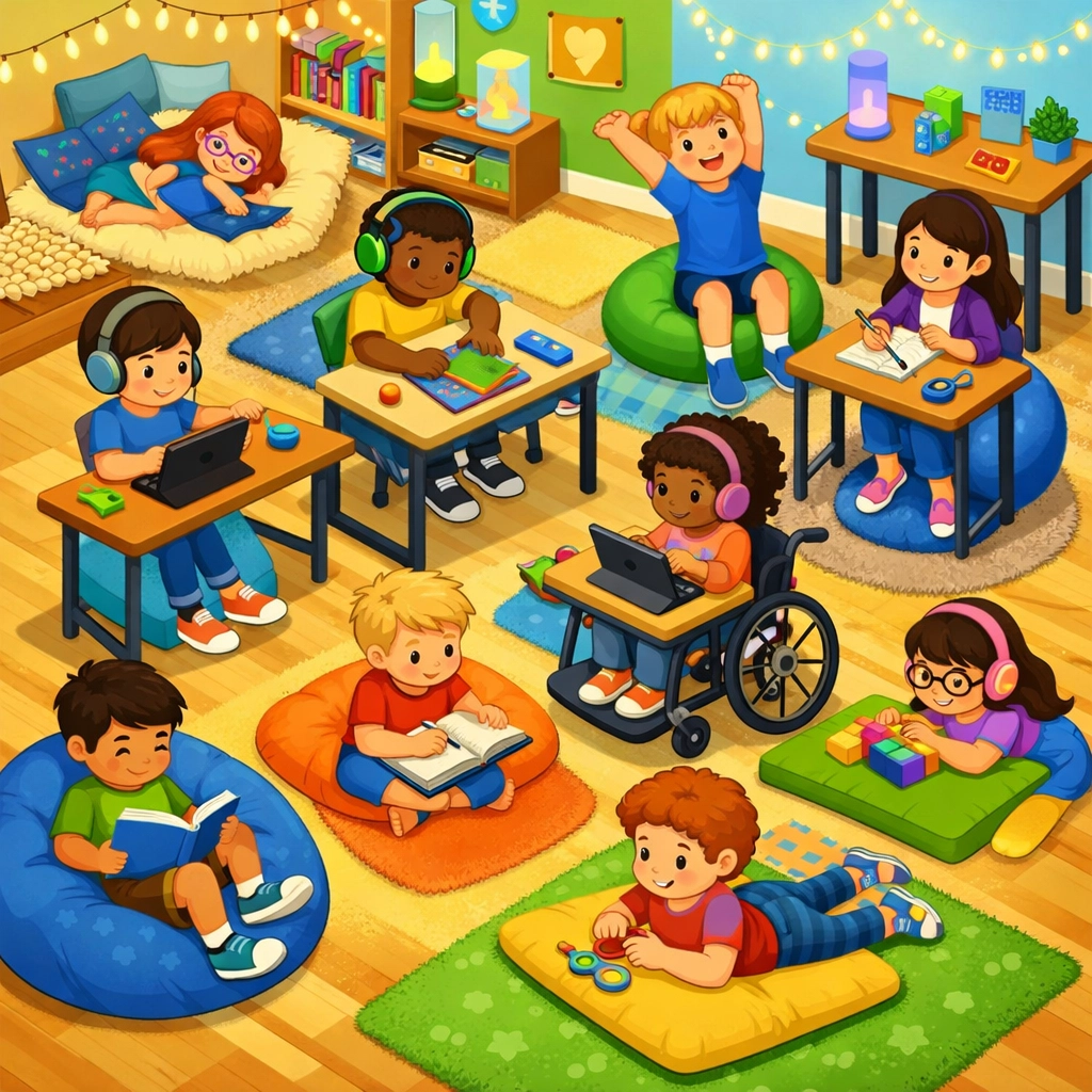 Diverse students using flexible seating and sensory tools in an inclusive classroom setting
