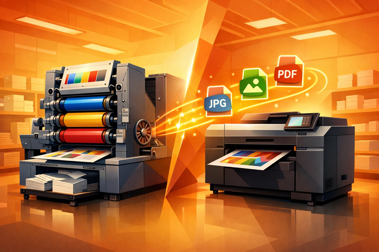 Traditional offset printing press transitioning to modern digital print technology