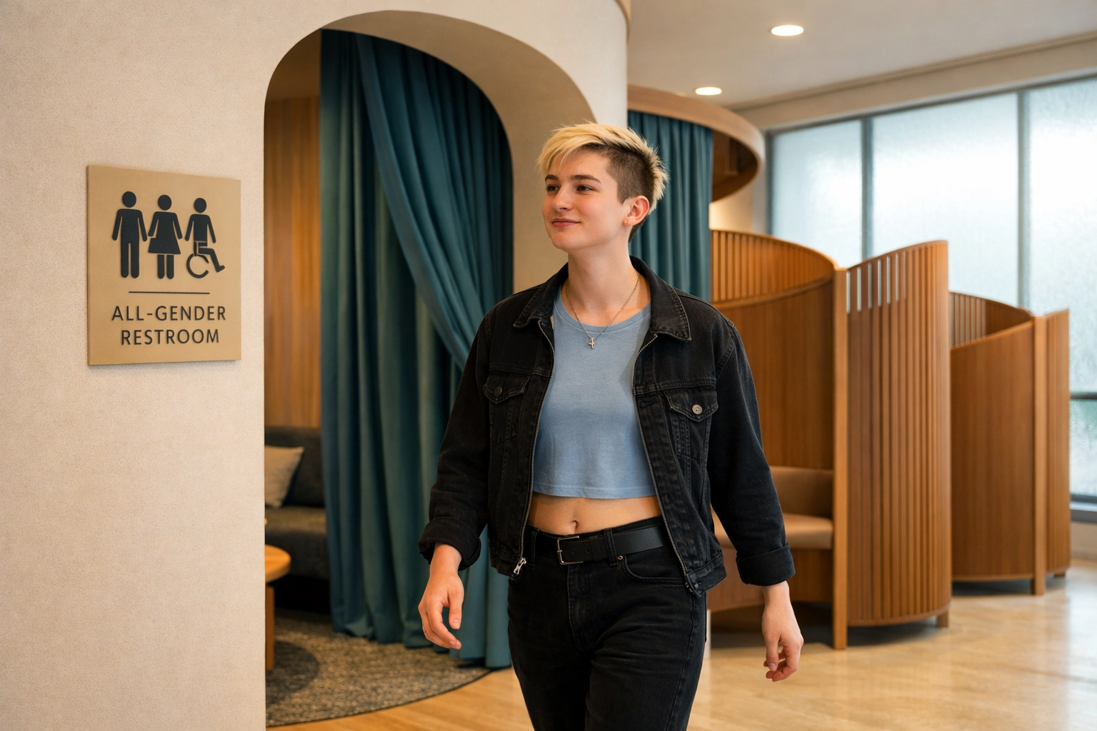 Trans person in inclusive space with all-gender restroom and privacy-enhancing design