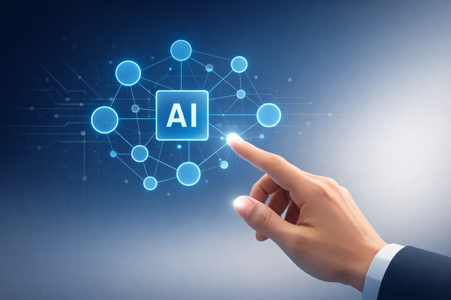 A professional hand interacting with blue holographic nodes representing human-centric AI automation.