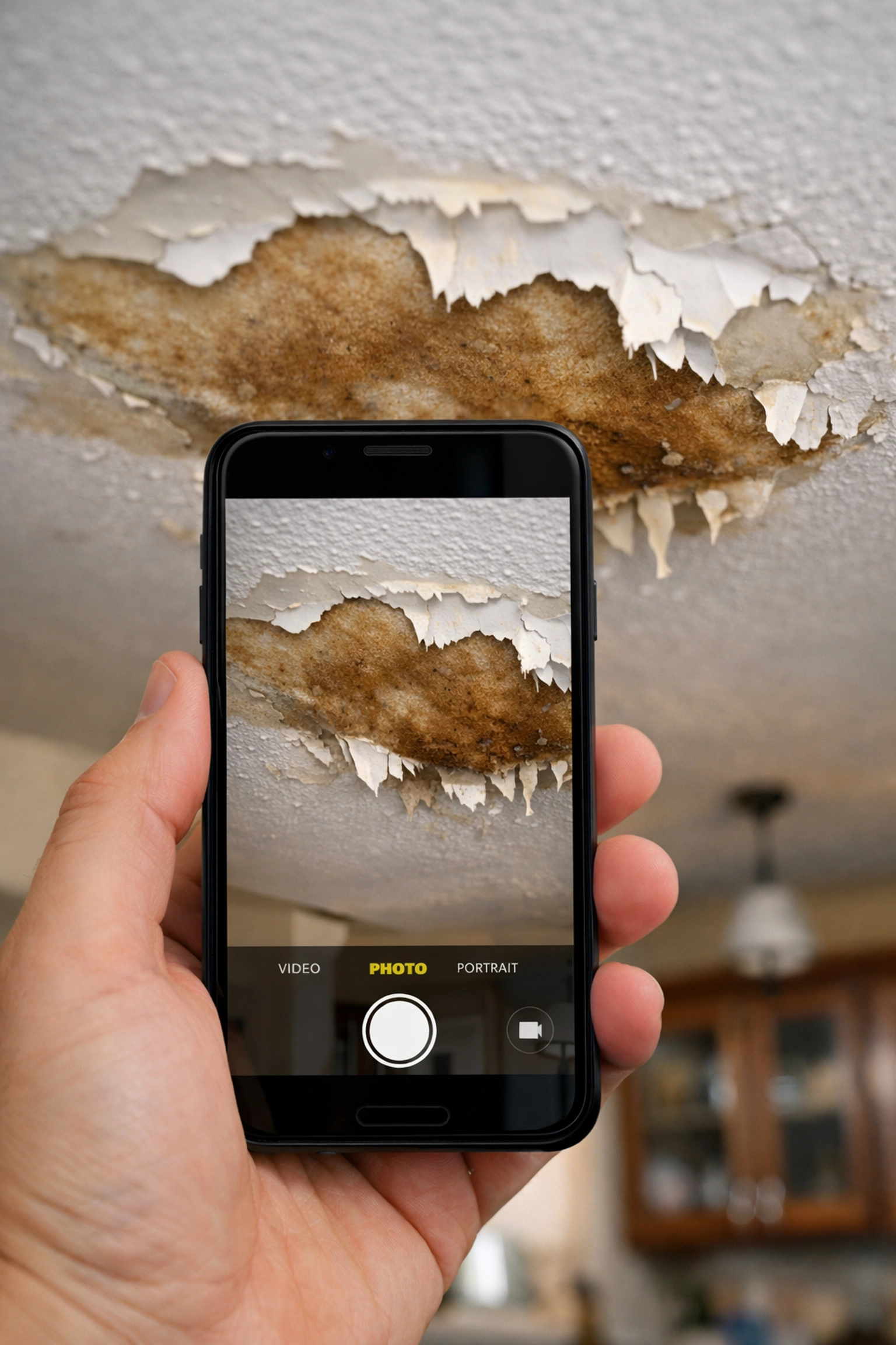 Documenting property damage with a smartphone for a residential insurance claim.