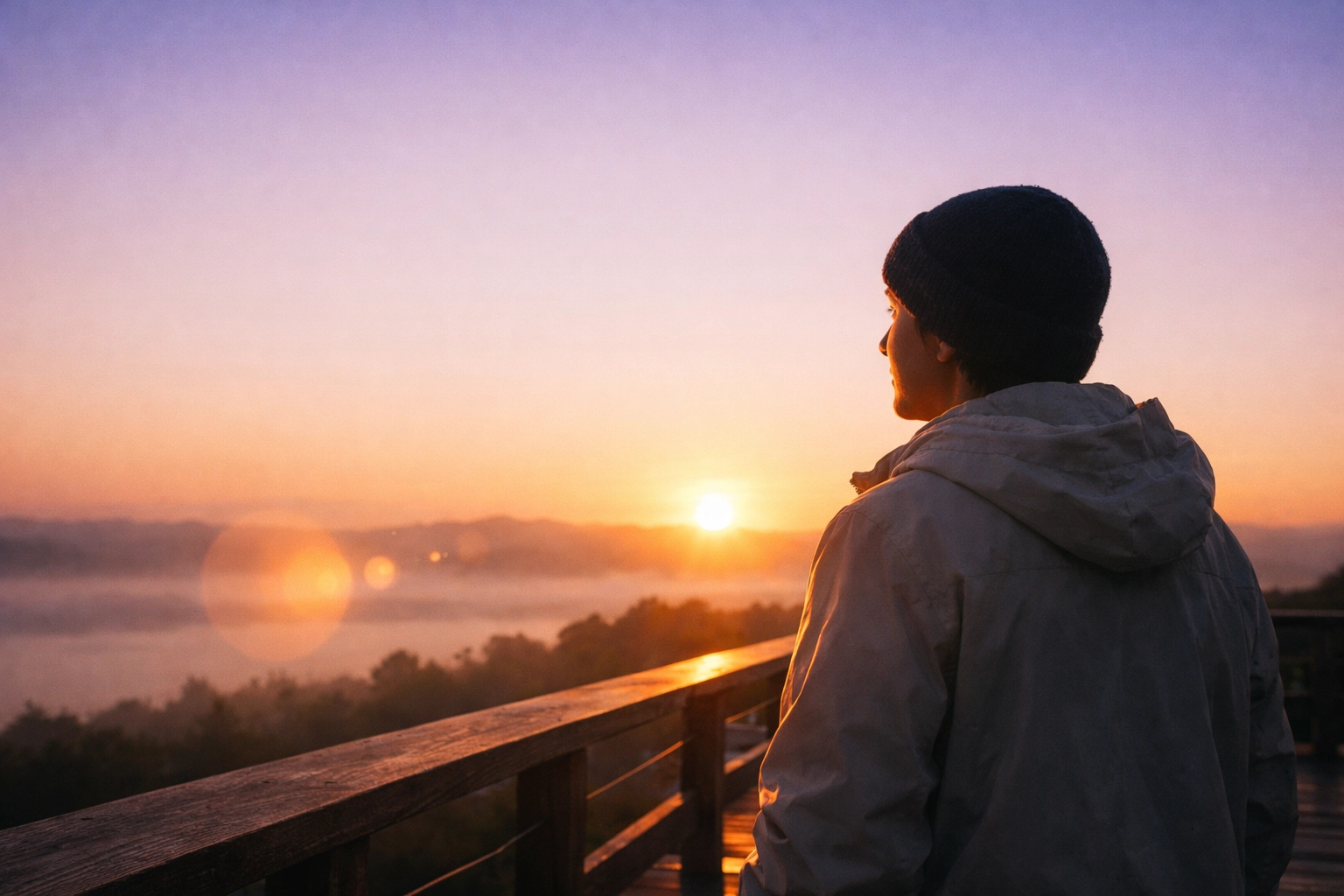 A person practicing a morning sunlight protocol by viewing the sunrise to reset their biological clock.