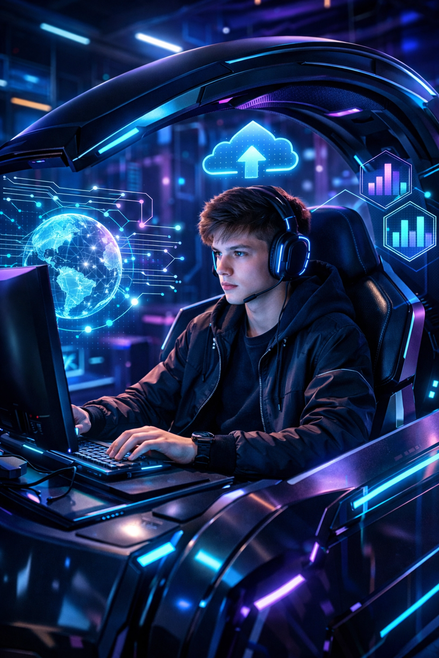 Gen Z student using a high-tech esports simulation pod for brand-led AI literacy and recruitment.