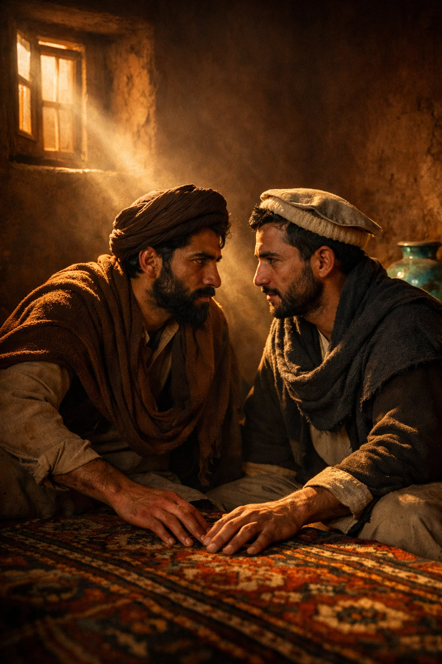 Two Afghan men sitting on a traditional rug, sharing a moment of resilient connection and queer intimacy.